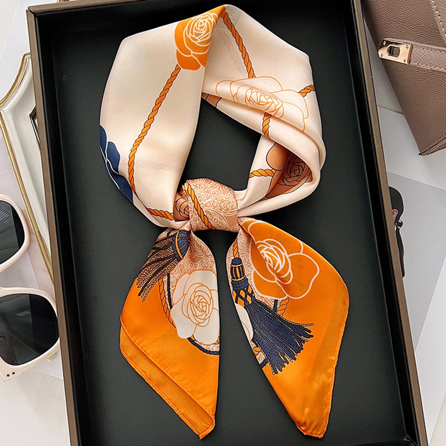 Women's Silky Square Scarf with Floral and Rope Print for Neck Hair or Bag Accessory