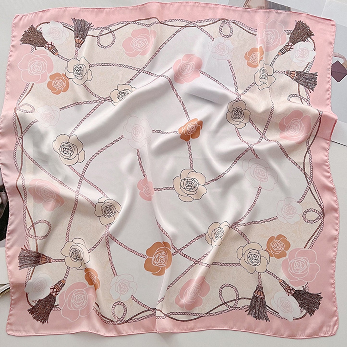 Women's Silky Square Scarf with Floral and Rope Print for Neck Hair or Bag Accessory