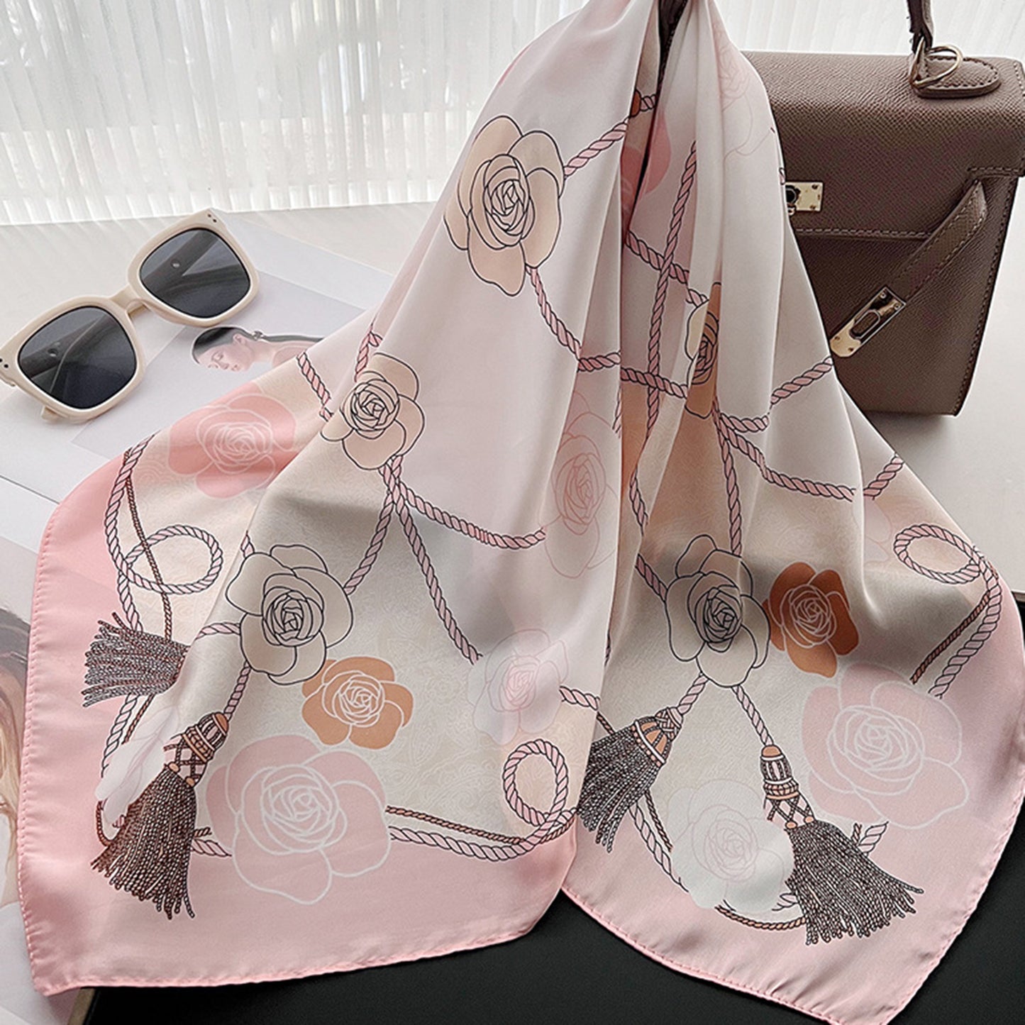 Women's Silky Square Scarf with Floral and Rope Print for Neck Hair or Bag Accessory