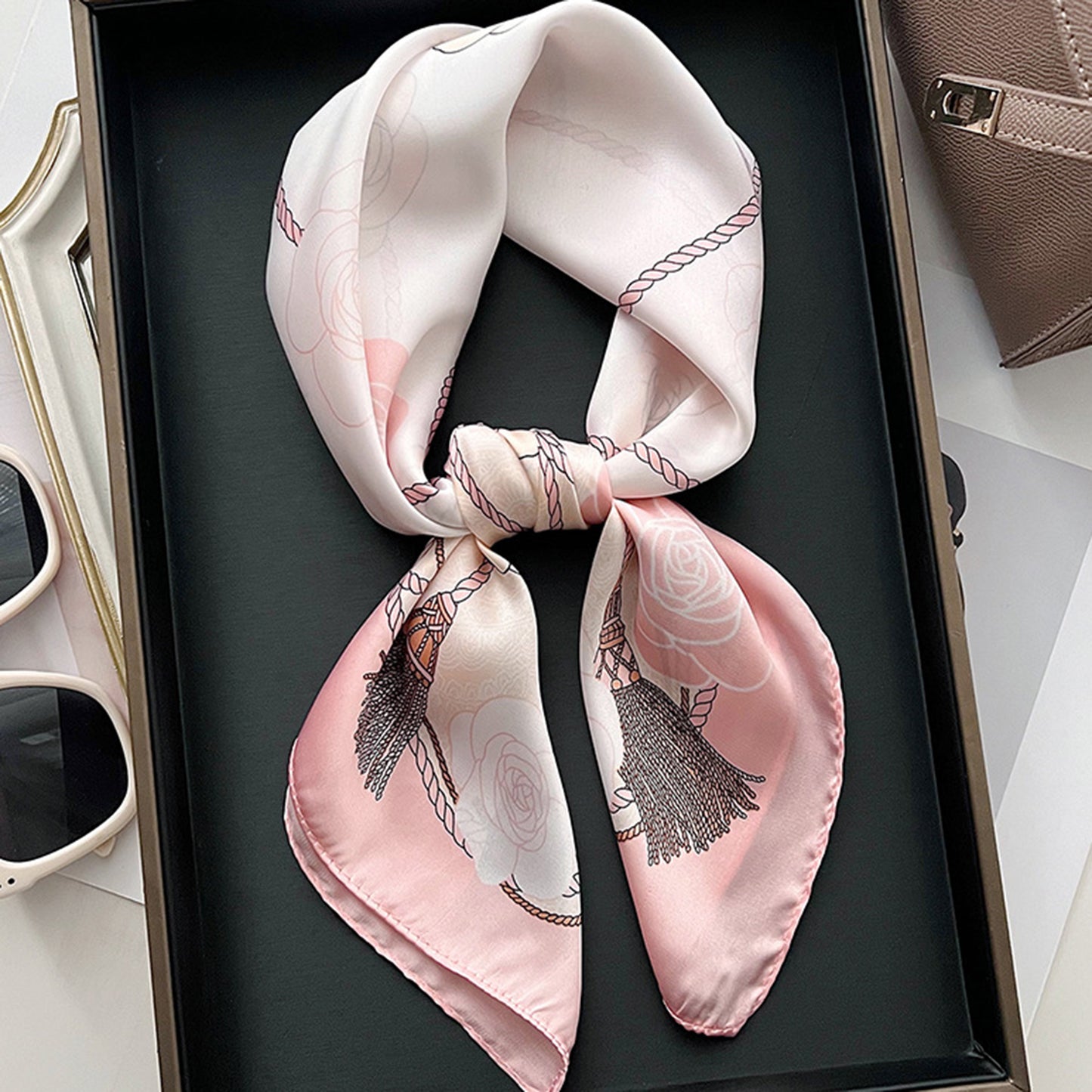 Women's Silky Square Scarf with Floral and Rope Print for Neck Hair or Bag Accessory