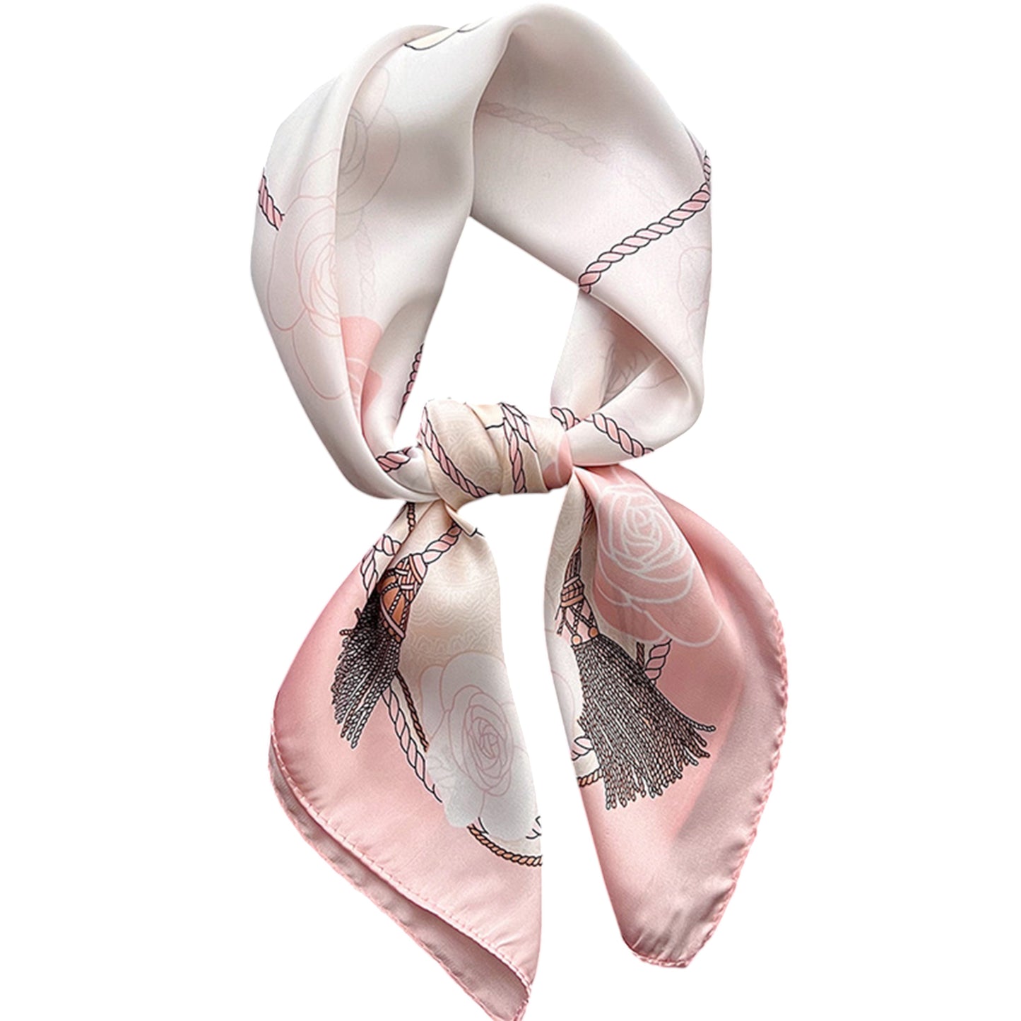Women's Silky Square Scarf with Floral and Rope Print for Neck Hair or Bag Accessory