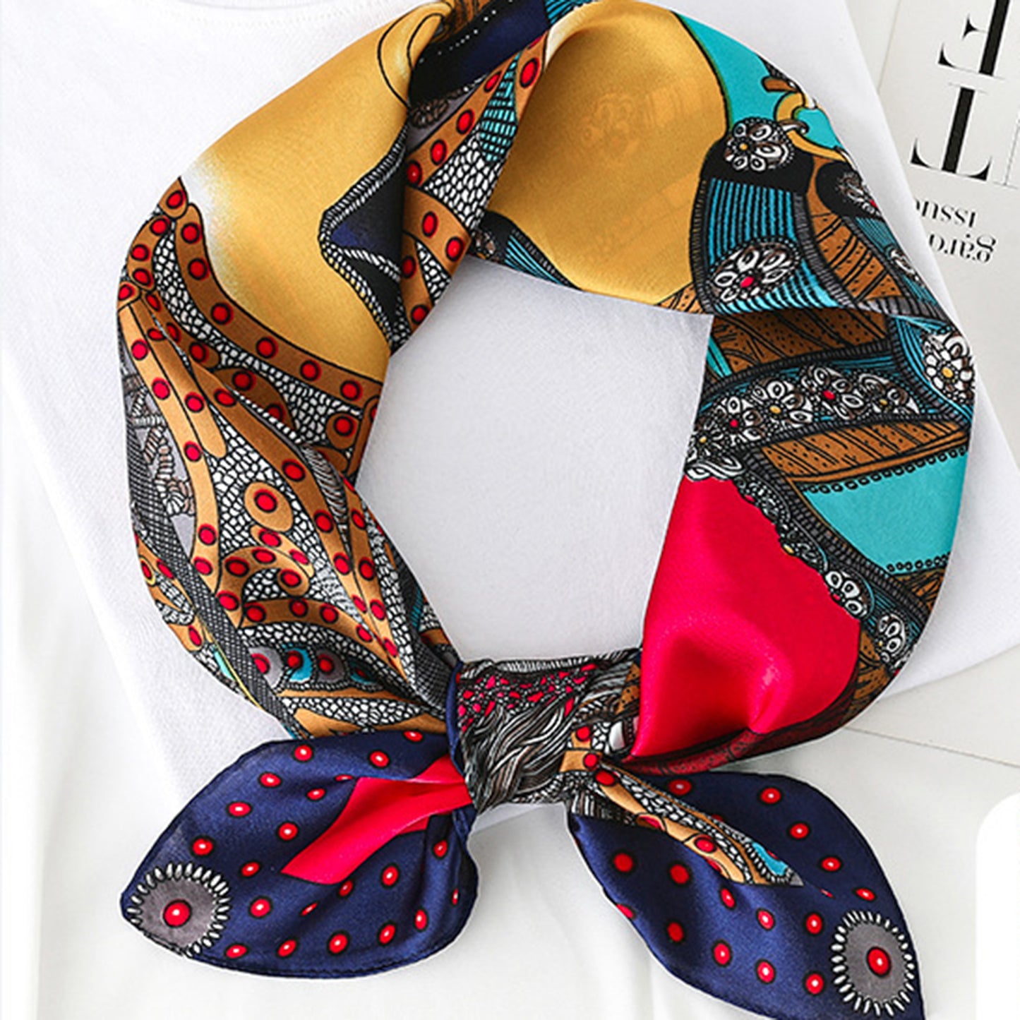 Women's Colorful Boho Patterned Satin Scarf with Abstract Print for Neck Hair or Handbag Accent