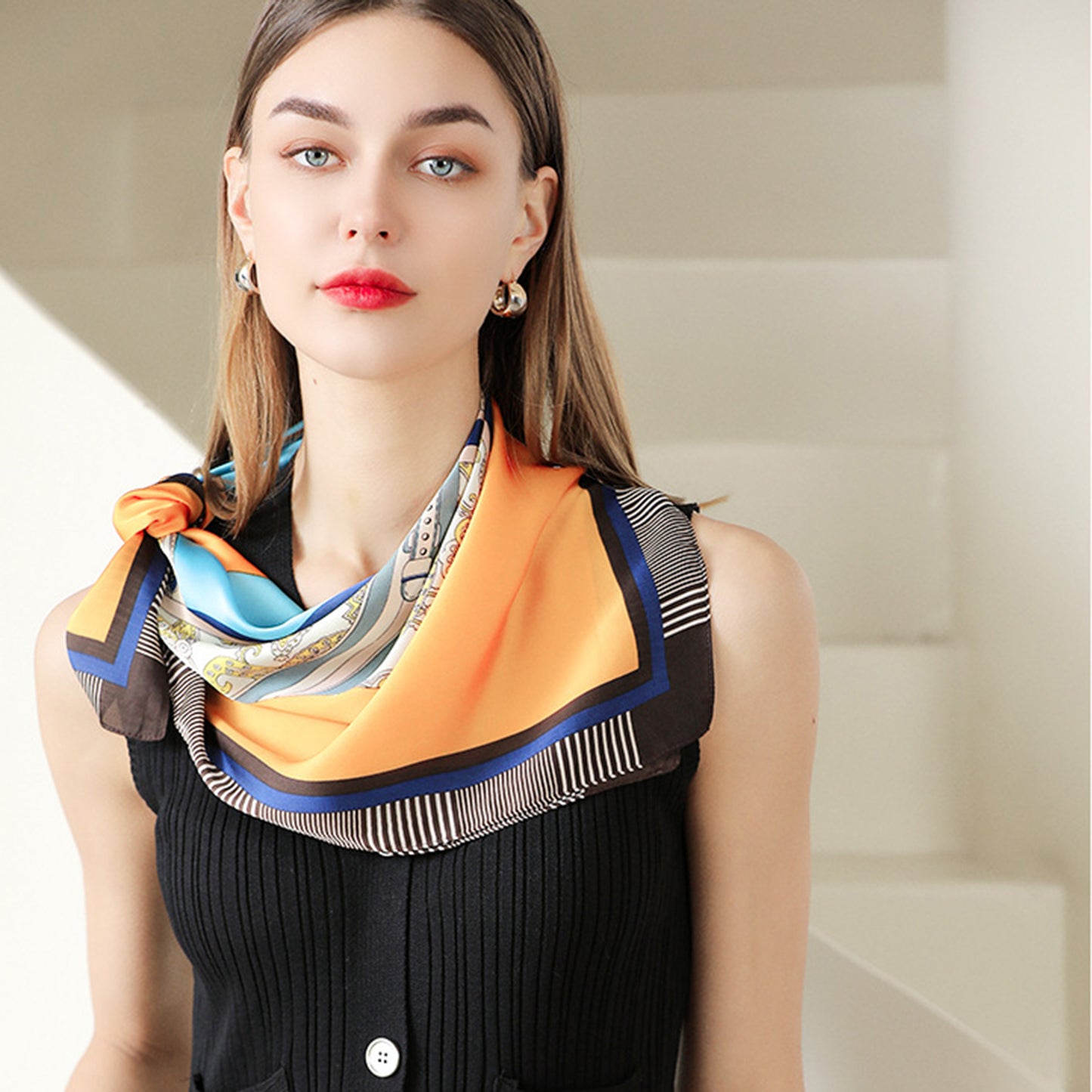 Women's Colorful Boho Patterned Satin Scarf with Abstract Print for Neck Hair or Handbag Accent