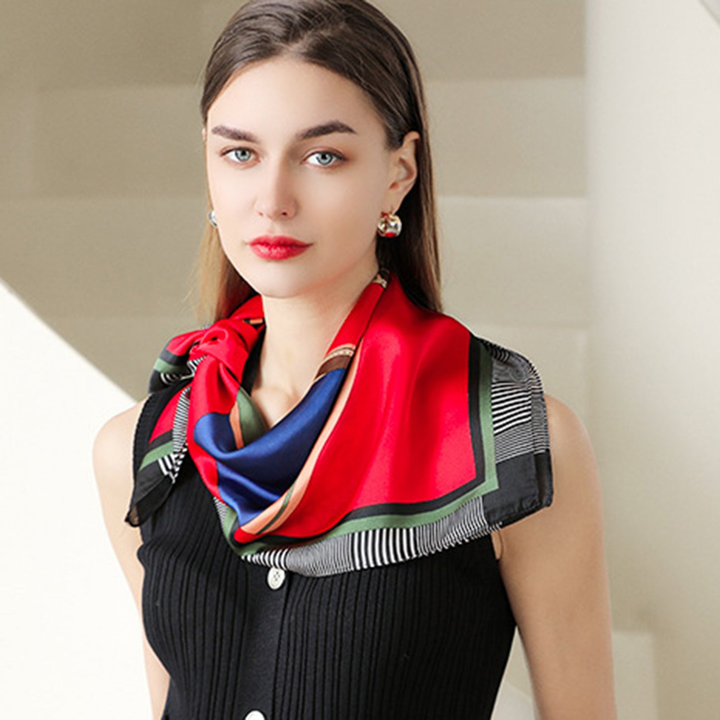 Women's Colorful Boho Patterned Satin Scarf with Abstract Print for Neck Hair or Handbag Accent