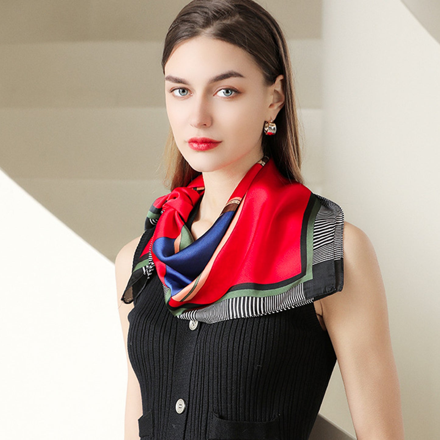 Women's Colorful Boho Patterned Satin Scarf with Abstract Print for Neck Hair or Handbag Accent