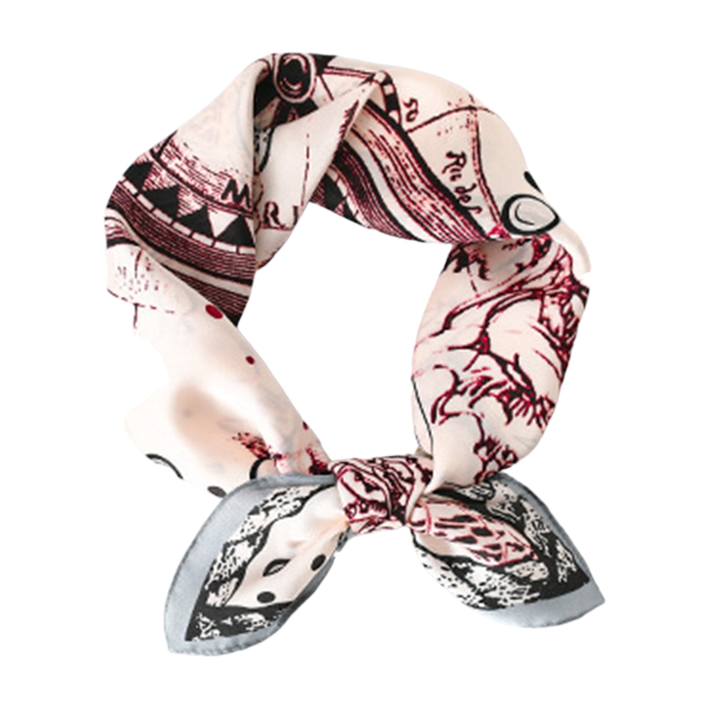 Women's Vintage-Inspired Satin Scarf with Artistic Print and Map Detail for Hair Neck or Bag Accessory