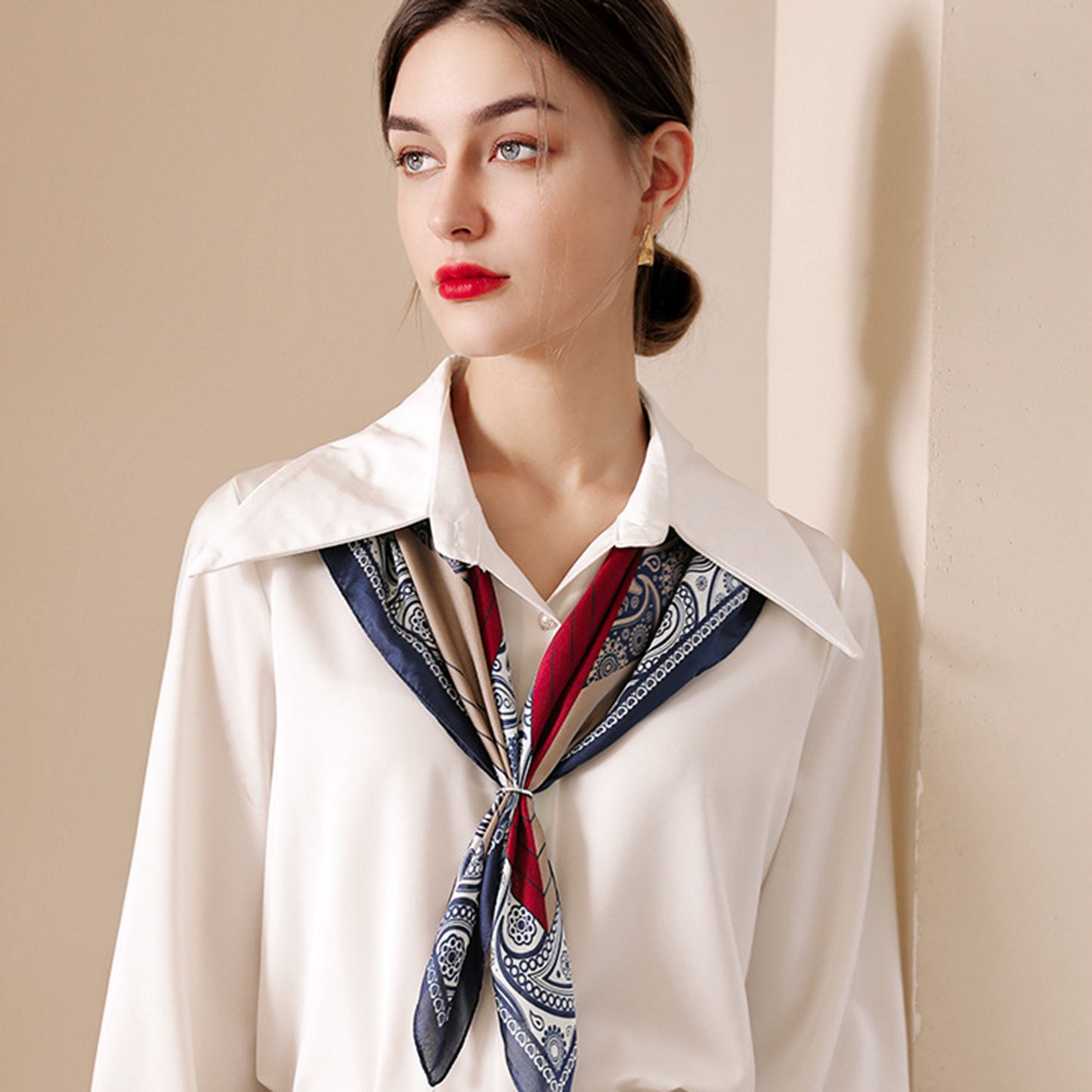 Women's Vintage-Inspired Satin Scarf with Artistic Print and Map Detail for Hair Neck or Bag Accessory