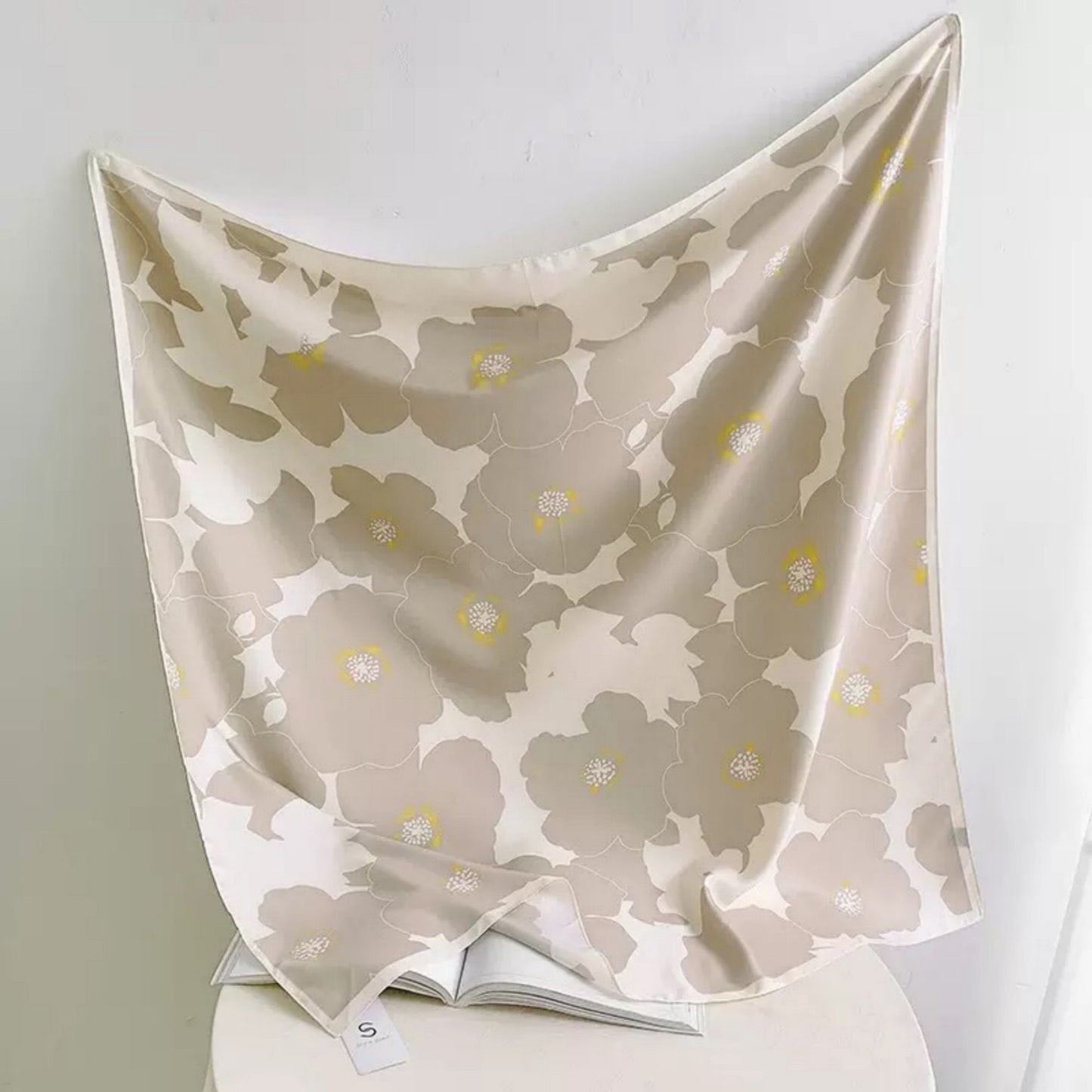 Square Floral Print Satin Scarf with Bold Leaf Pattern and Smooth Silky Finish