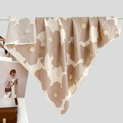 Square Floral Print Satin Scarf with Bold Leaf Pattern and Smooth Silky Finish