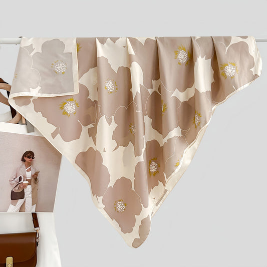 Square Floral Print Satin Scarf with Bold Leaf Pattern and Smooth Silky Finish