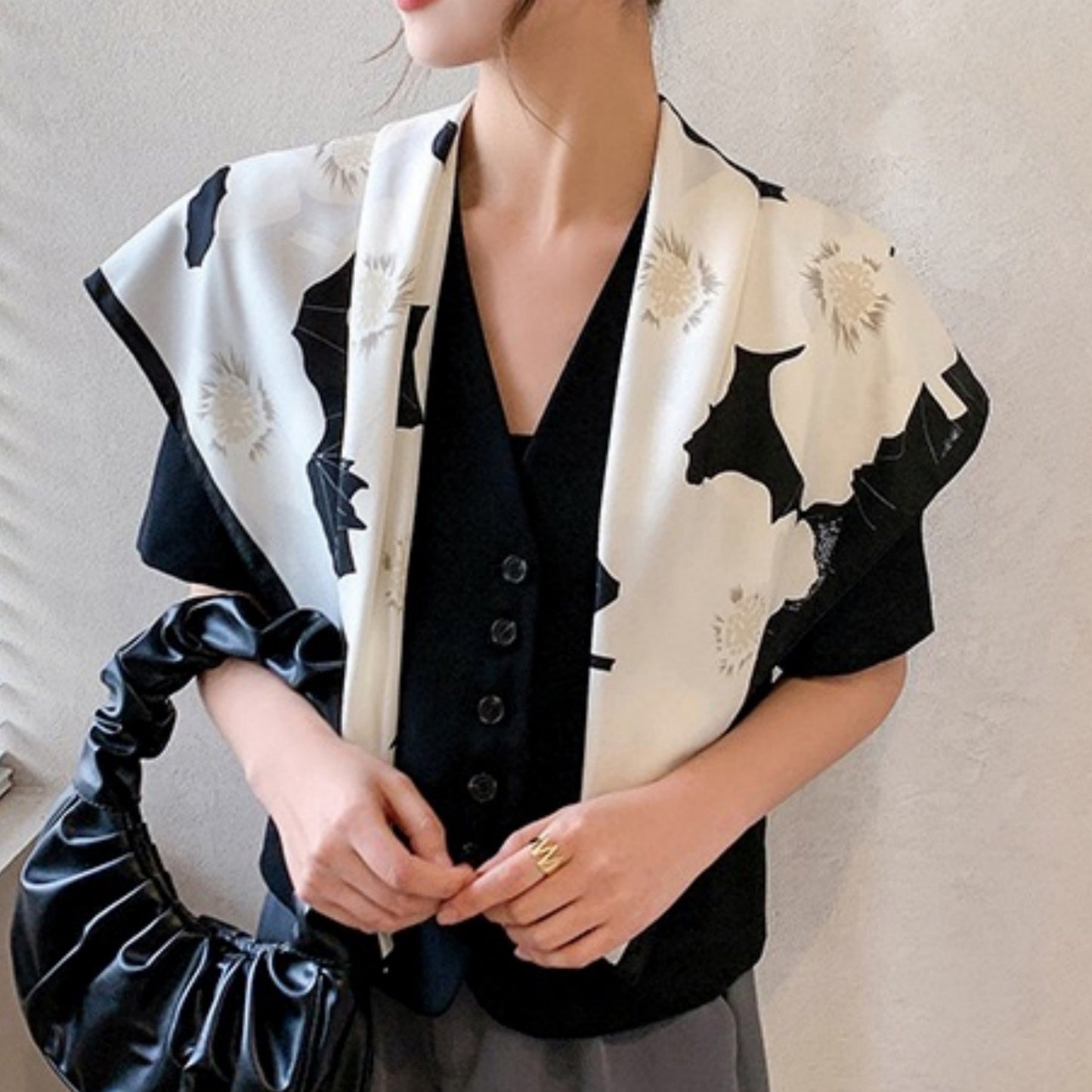 Square Floral Print Satin Scarf with Bold Leaf Pattern and Smooth Silky Finish