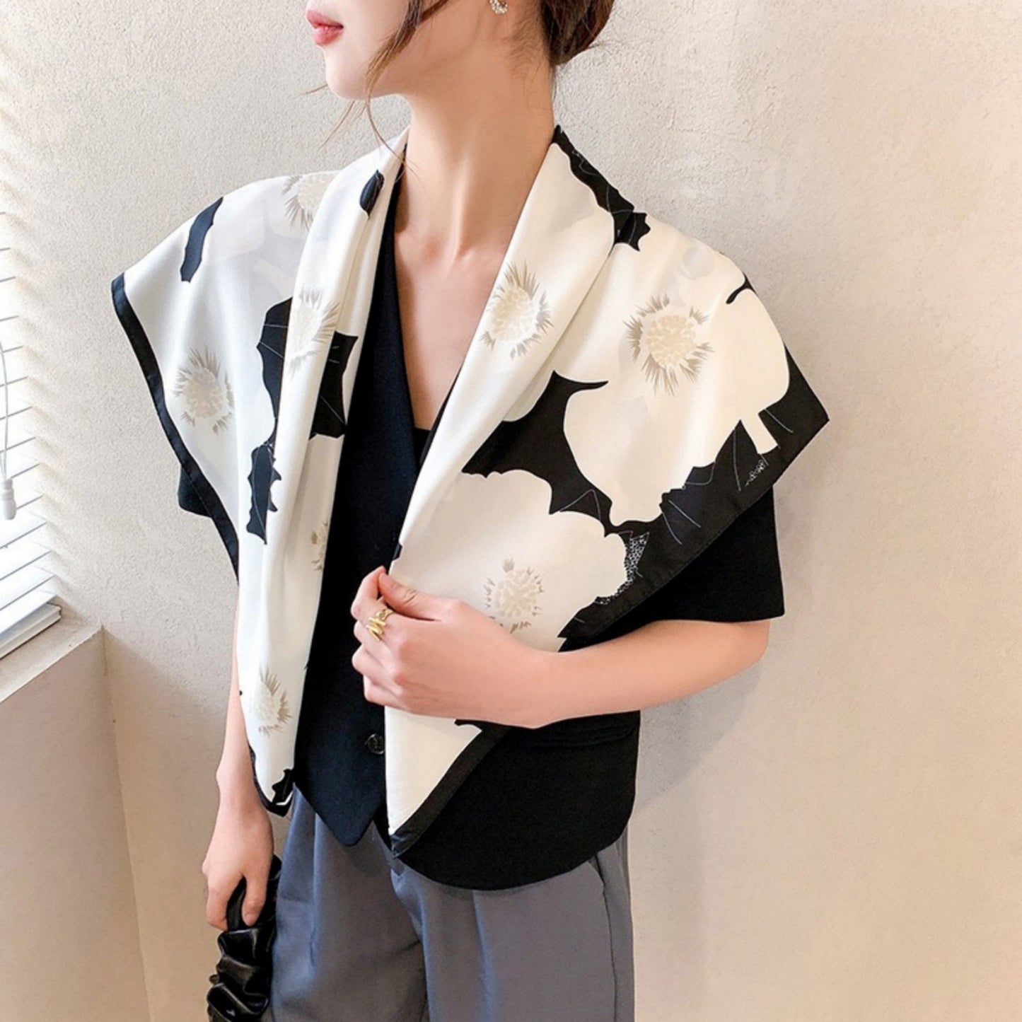 Square Floral Print Satin Scarf with Bold Leaf Pattern and Smooth Silky Finish