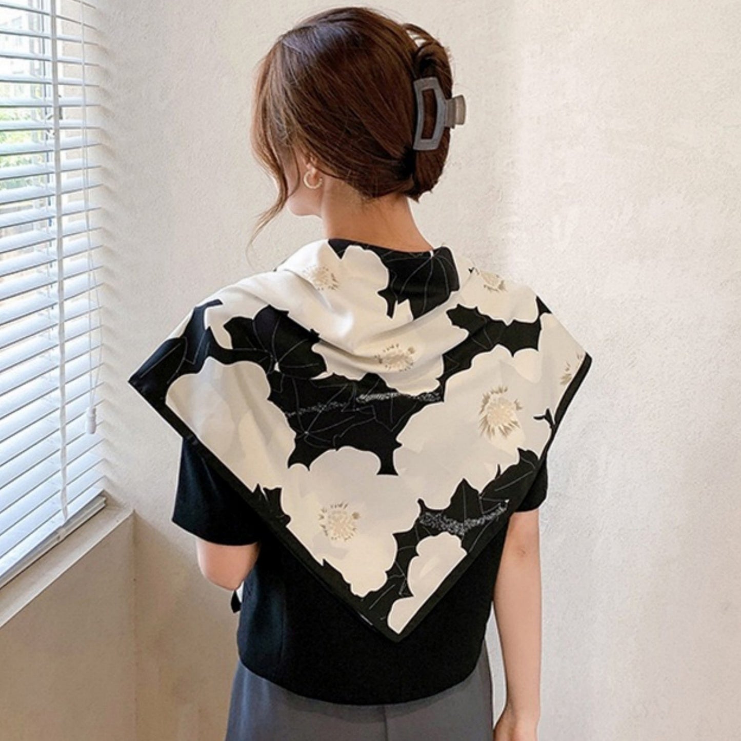 Square Floral Print Satin Scarf with Bold Leaf Pattern and Smooth Silky Finish