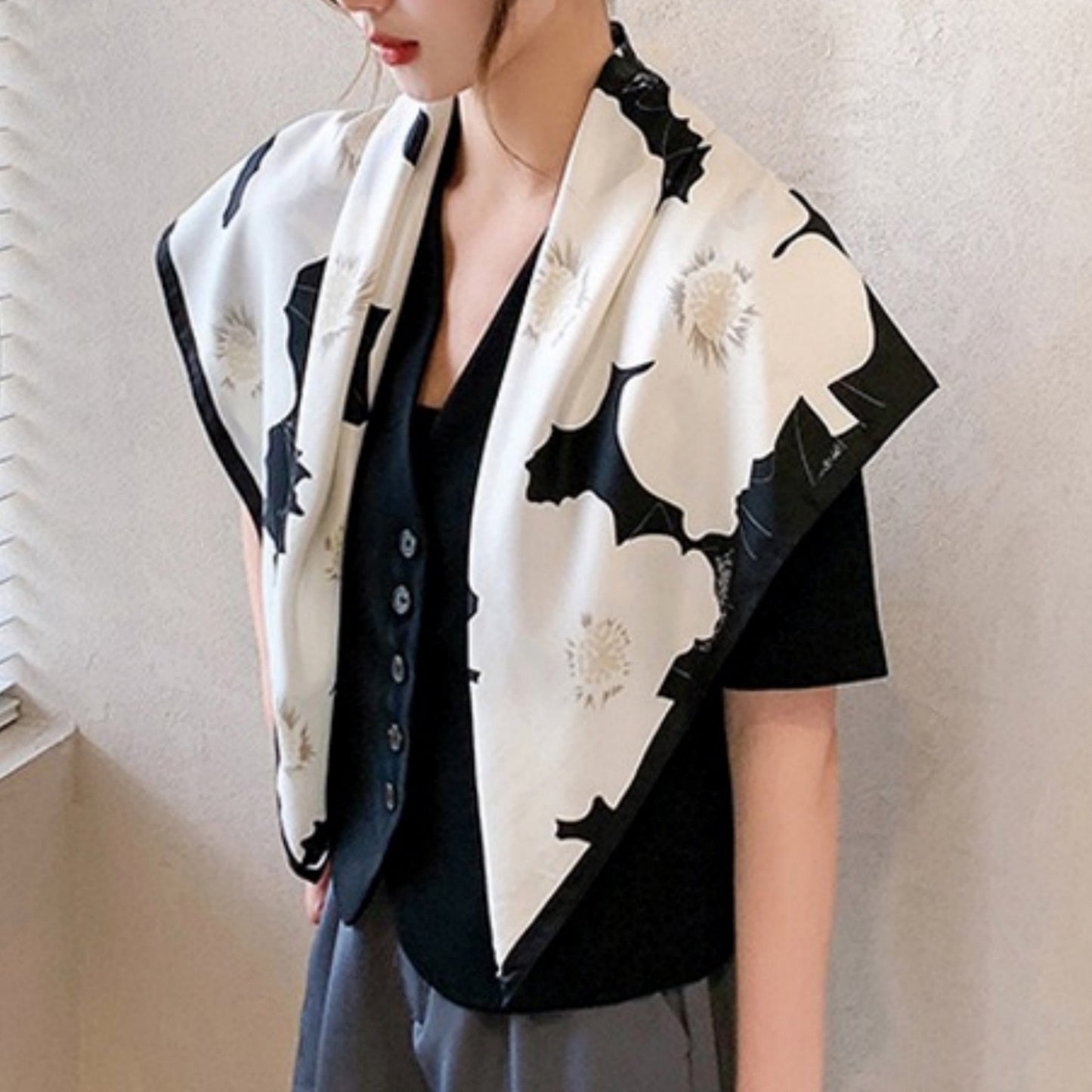 Square Floral Print Satin Scarf with Bold Leaf Pattern and Smooth Silky Finish