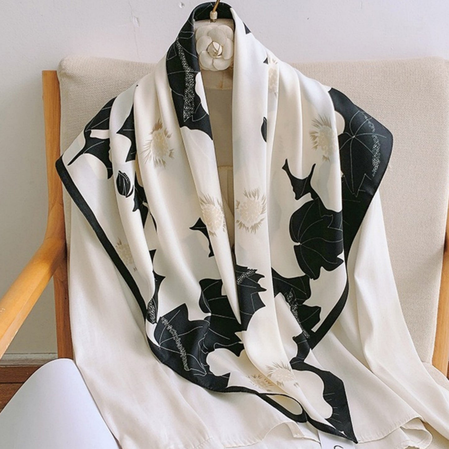 Square Floral Print Satin Scarf with Bold Leaf Pattern and Smooth Silky Finish
