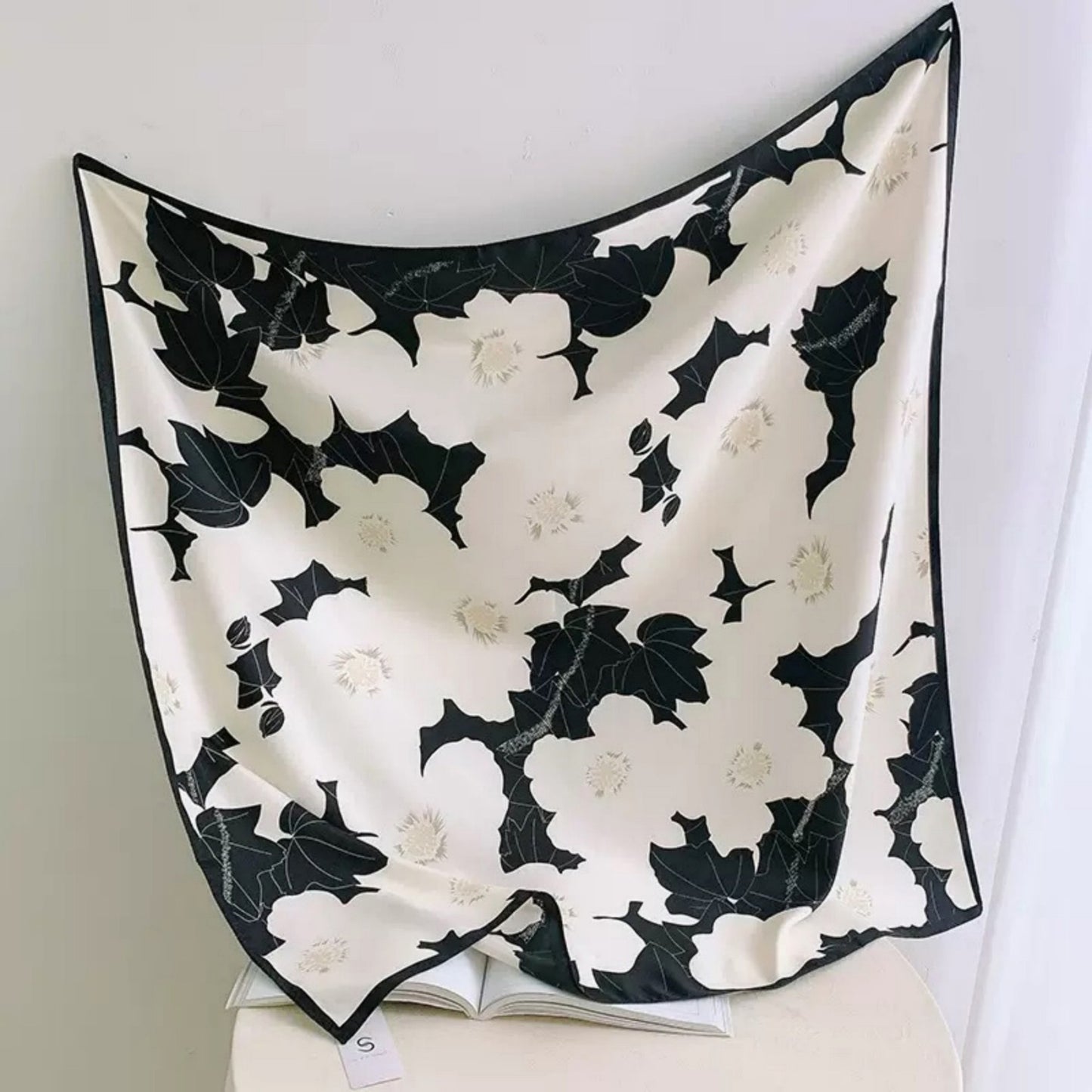 Square Floral Print Satin Scarf with Bold Leaf Pattern and Smooth Silky Finish