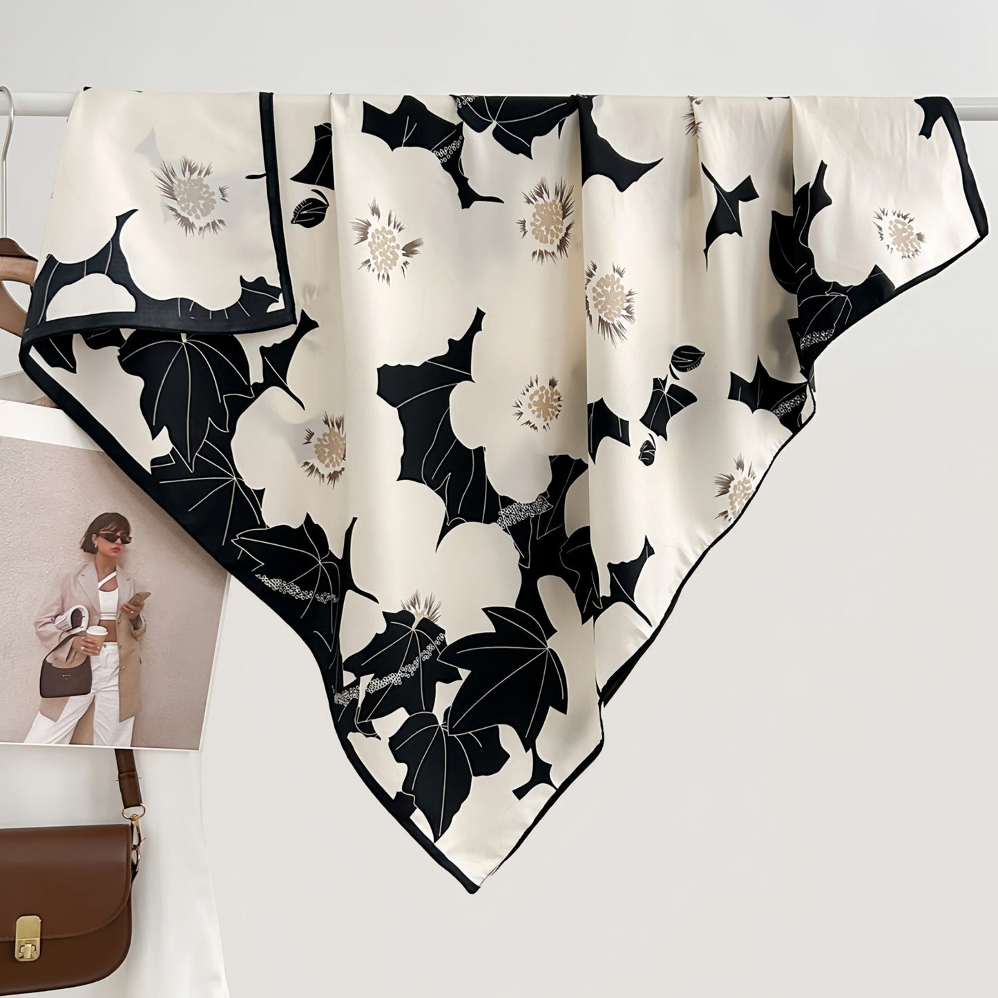 Square Floral Print Satin Scarf with Bold Leaf Pattern and Smooth Silky Finish