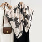 Square Floral Print Satin Scarf with Bold Leaf Pattern and Smooth Silky Finish