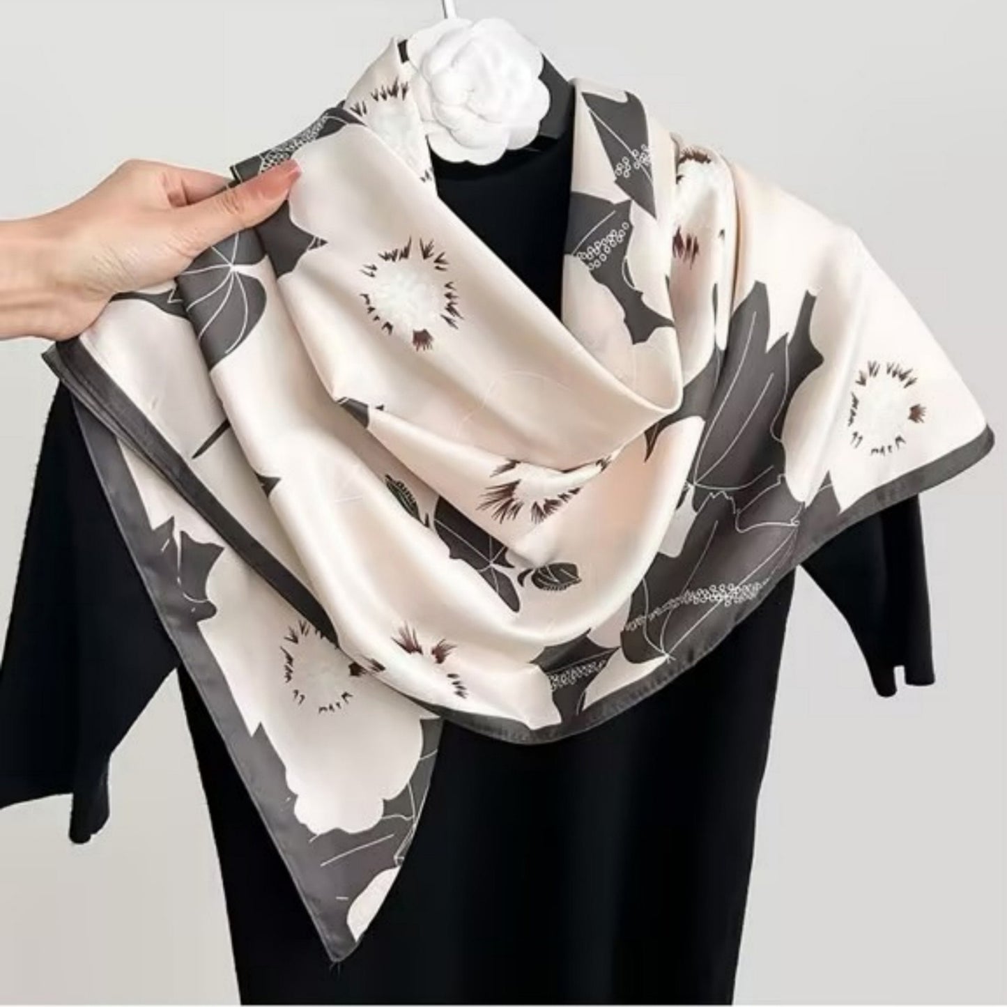 Square Floral Print Satin Scarf with Bold Leaf Pattern and Smooth Silky Finish