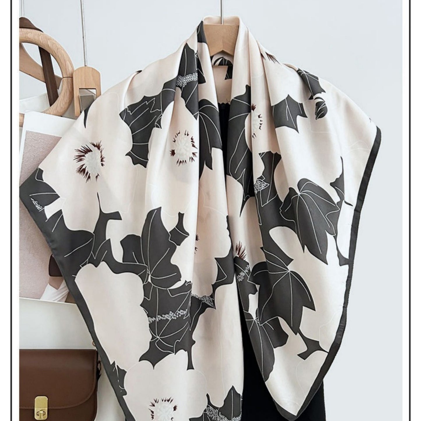 Square Floral Print Satin Scarf with Bold Leaf Pattern and Smooth Silky Finish