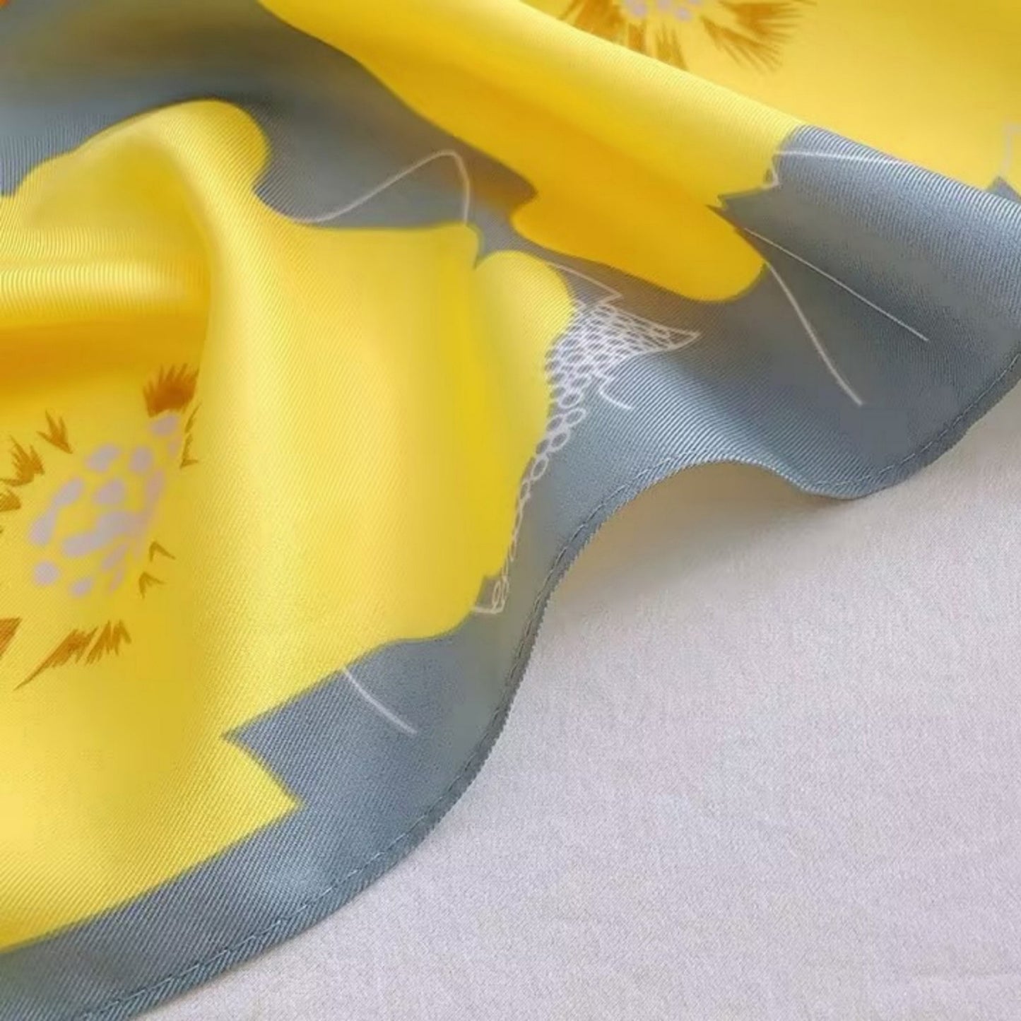 Square Floral Print Satin Scarf with Bold Leaf Pattern and Smooth Silky Finish