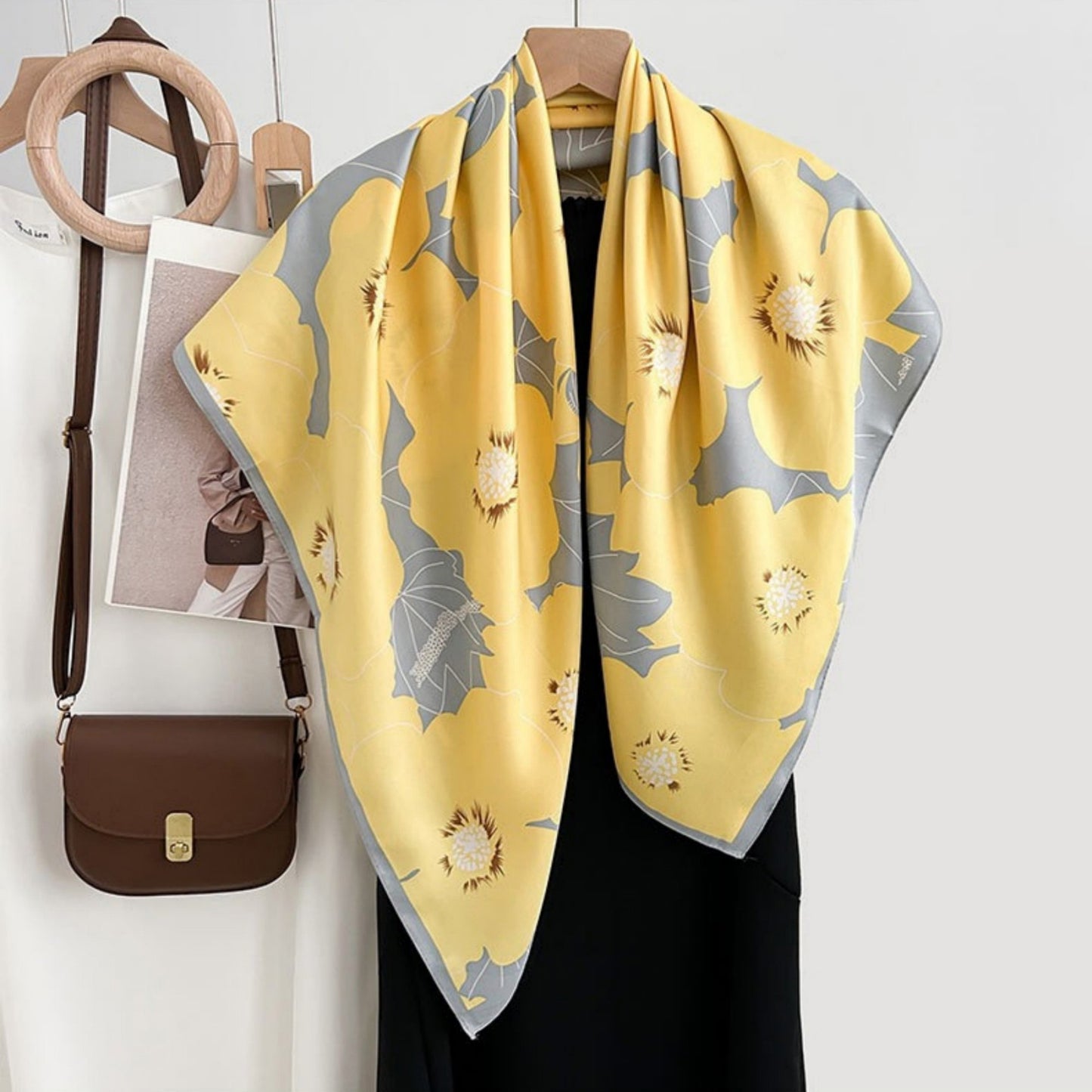 Square Floral Print Satin Scarf with Bold Leaf Pattern and Smooth Silky Finish