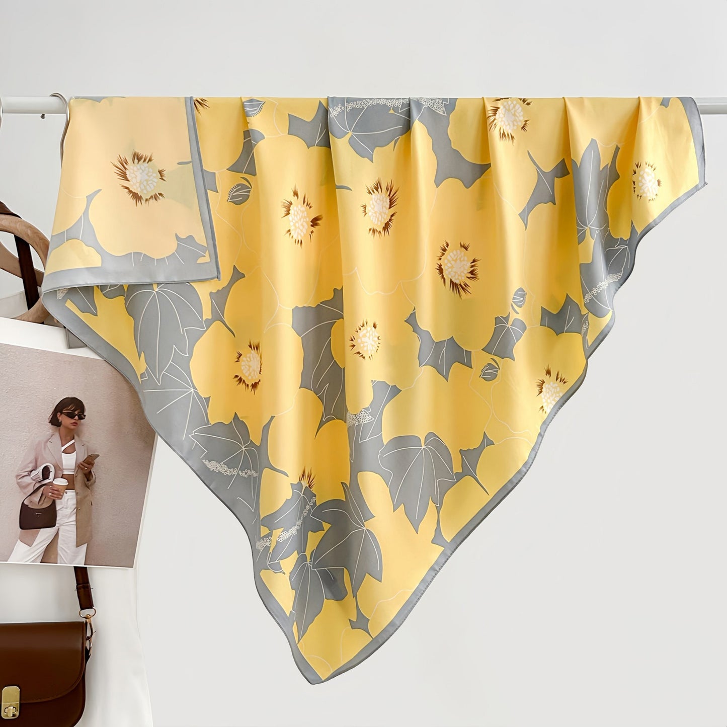 Square Floral Print Satin Scarf with Bold Leaf Pattern and Smooth Silky Finish