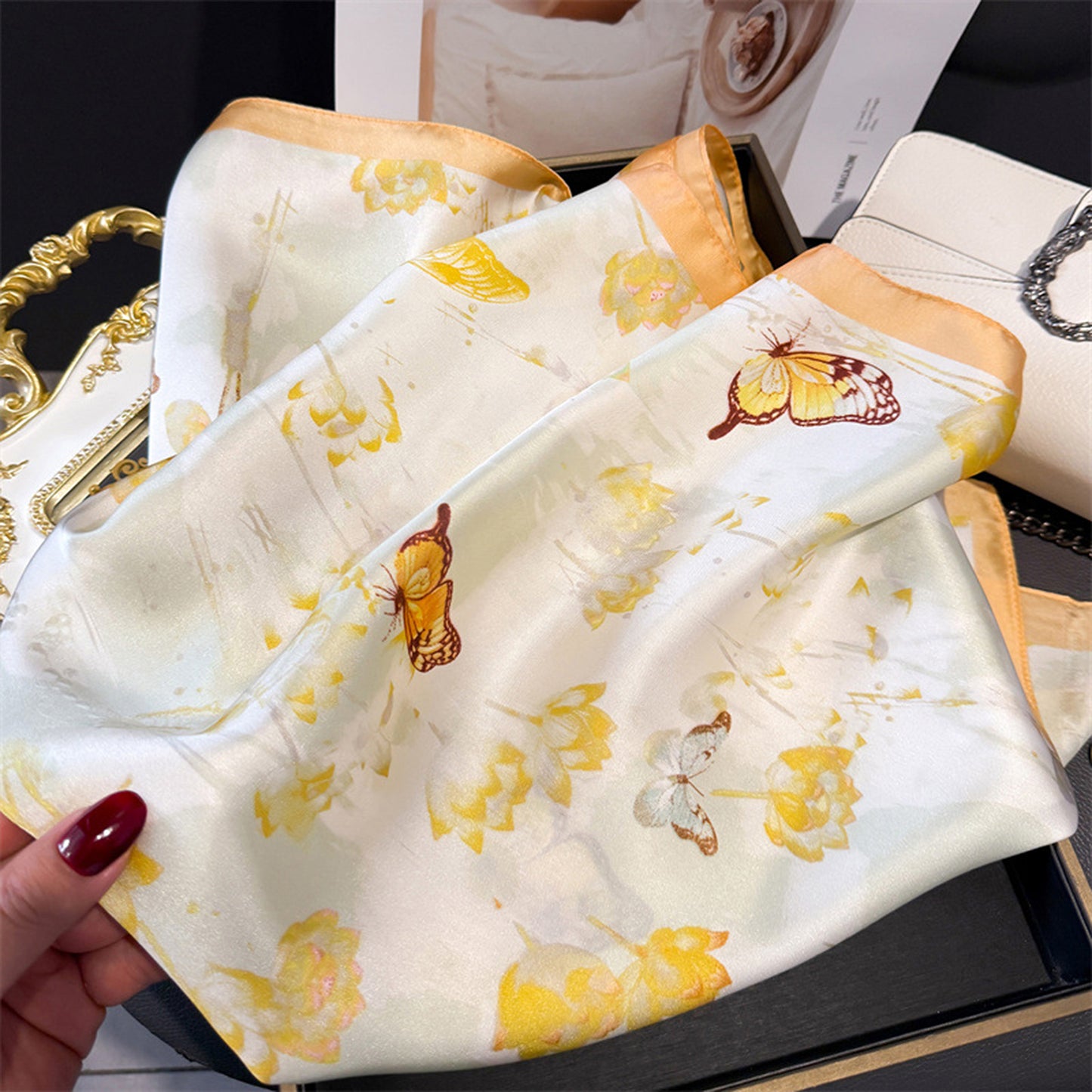 Satin Square Scarf with Butterfly and Floral Print Lightweight Silky Neck Head or Bag Accessory