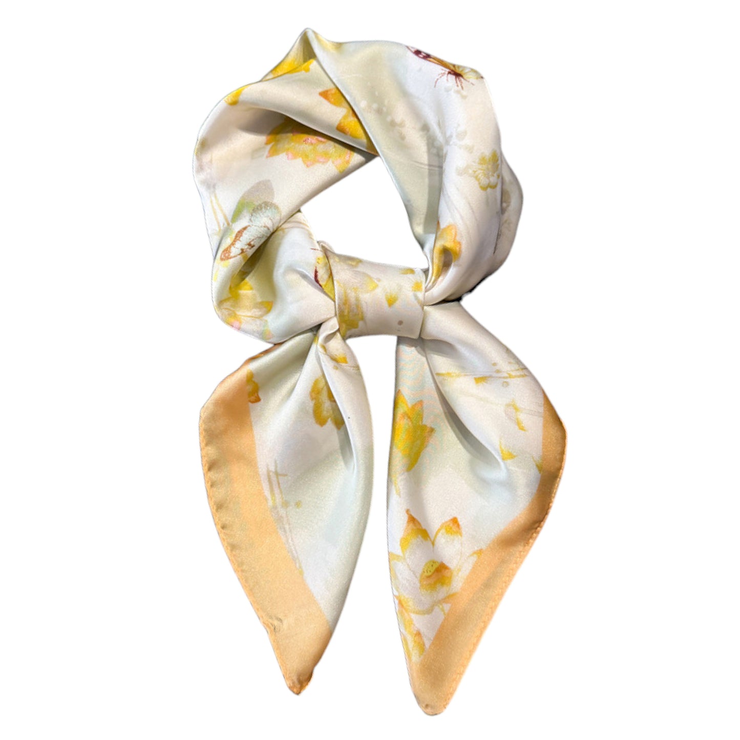 Satin Square Scarf with Butterfly and Floral Print Lightweight Silky Neck Head or Bag Accessory