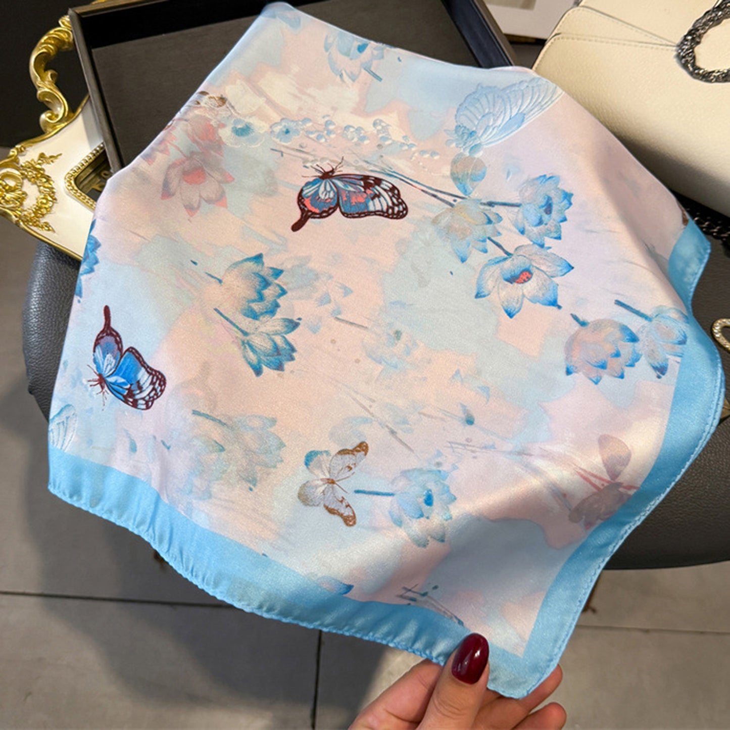 Satin Square Scarf with Butterfly and Floral Print Lightweight Silky Neck Head or Bag Accessory