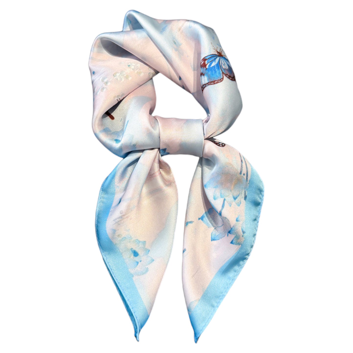 Satin Square Scarf with Butterfly and Floral Print Lightweight Silky Neck Head or Bag Accessory
