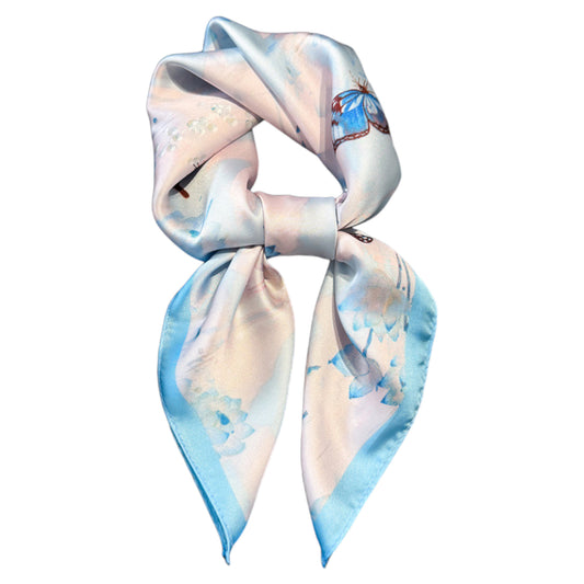 Satin Square Scarf with Butterfly and Floral Print Lightweight Silky Neck Head or Bag Accessory