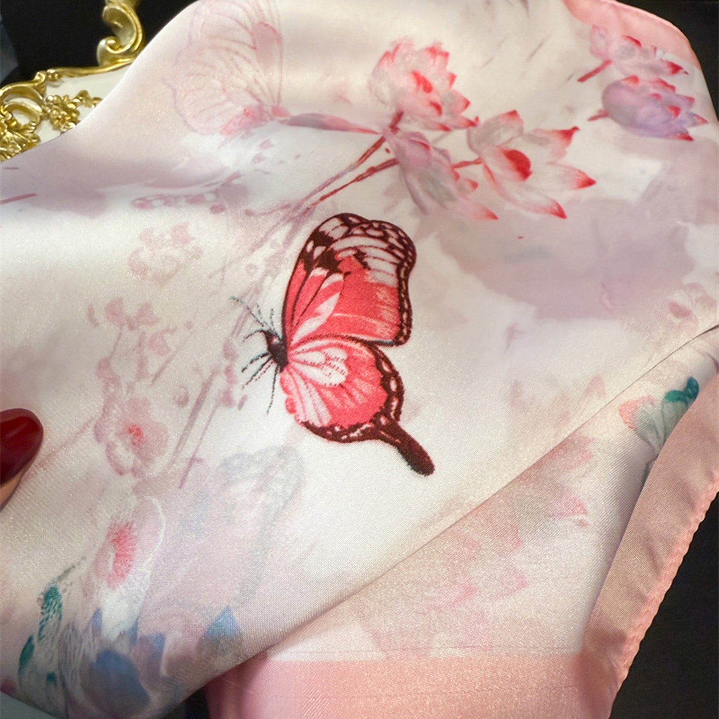 Satin Square Scarf with Butterfly and Floral Print Lightweight Silky Neck Head or Bag Accessory
