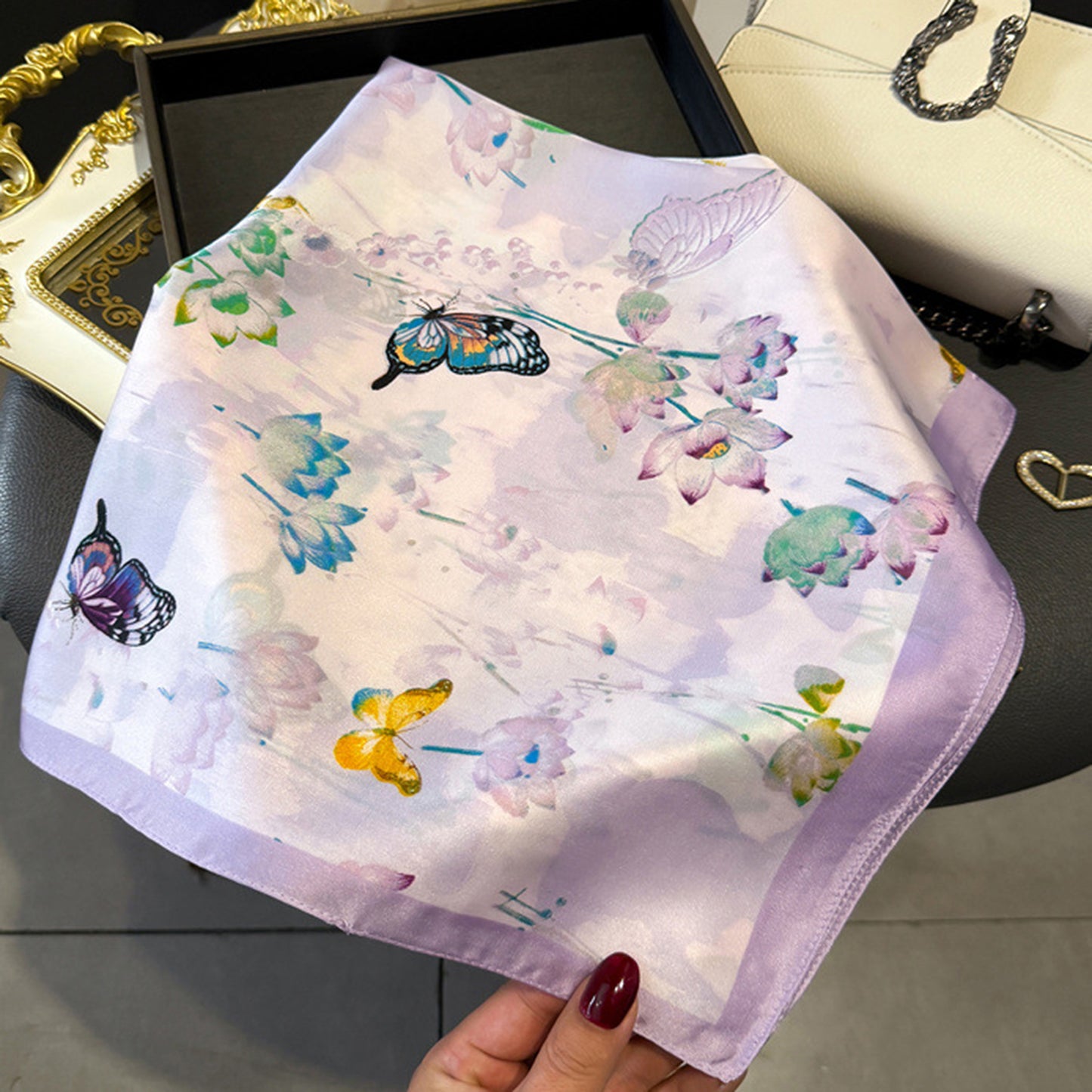 Satin Square Scarf with Butterfly and Floral Print Lightweight Silky Neck Head or Bag Accessory