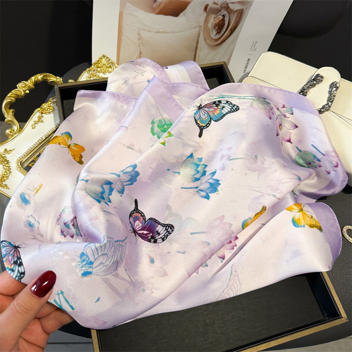 Satin Square Scarf with Butterfly and Floral Print Lightweight Silky Neck Head or Bag Accessory