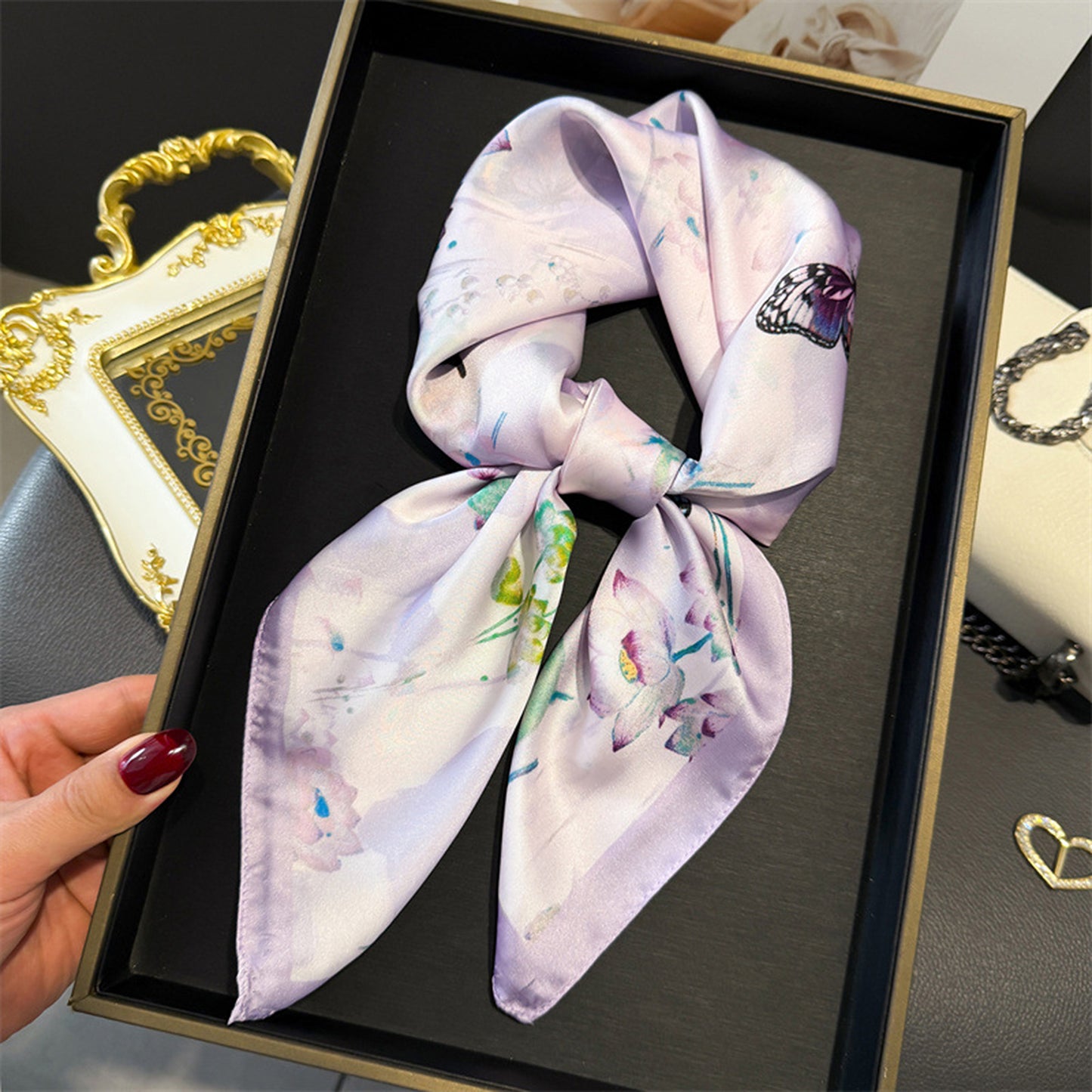 Satin Square Scarf with Butterfly and Floral Print Lightweight Silky Neck Head or Bag Accessory