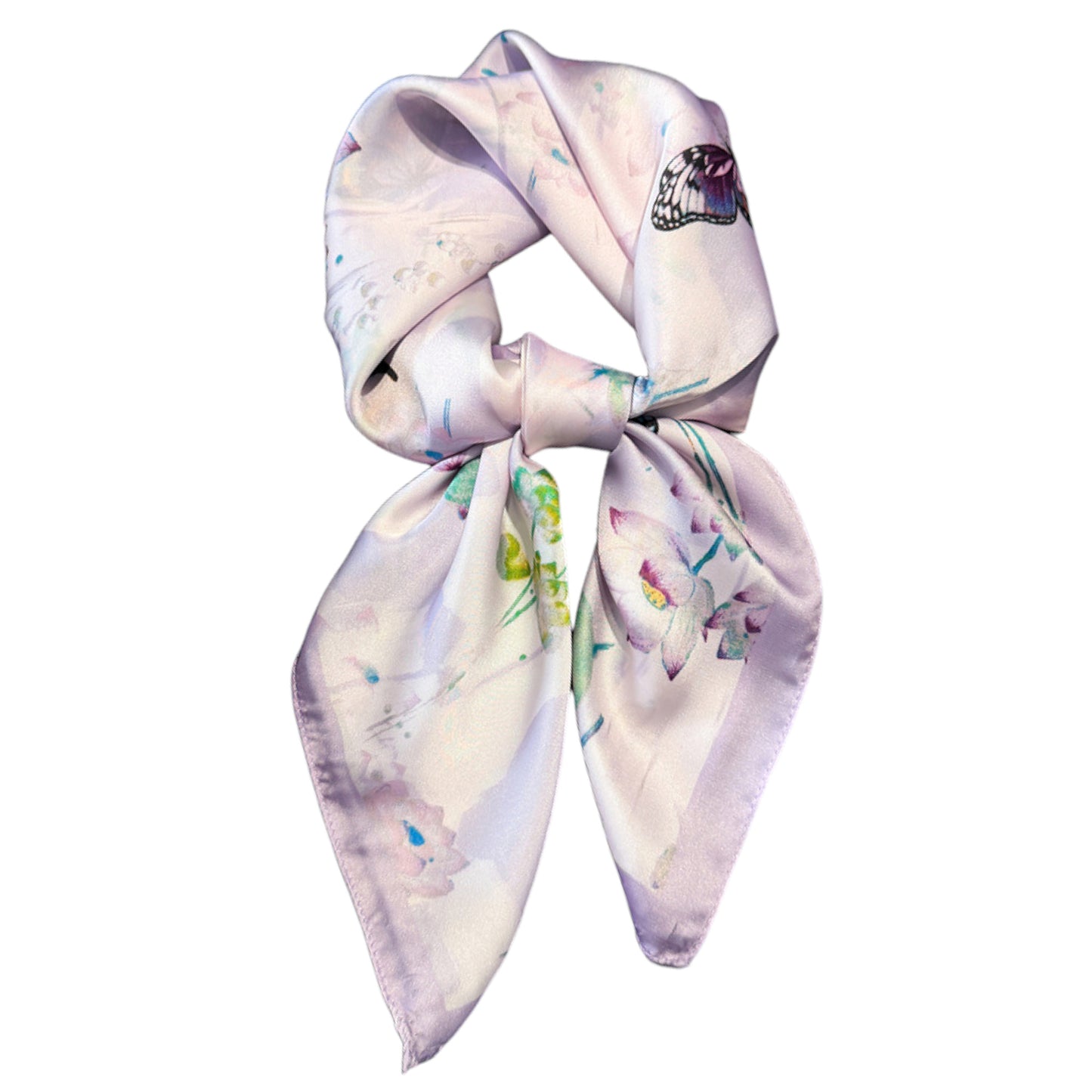 Satin Square Scarf with Butterfly and Floral Print Lightweight Silky Neck Head or Bag Accessory