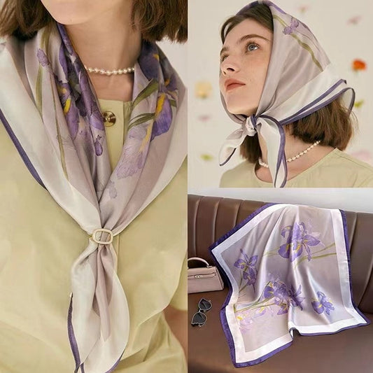 Satin Square Scarf with Elegant Floral Print for Neck Hair and Handbag Accessory - 27.5IN¡Á27.5IN