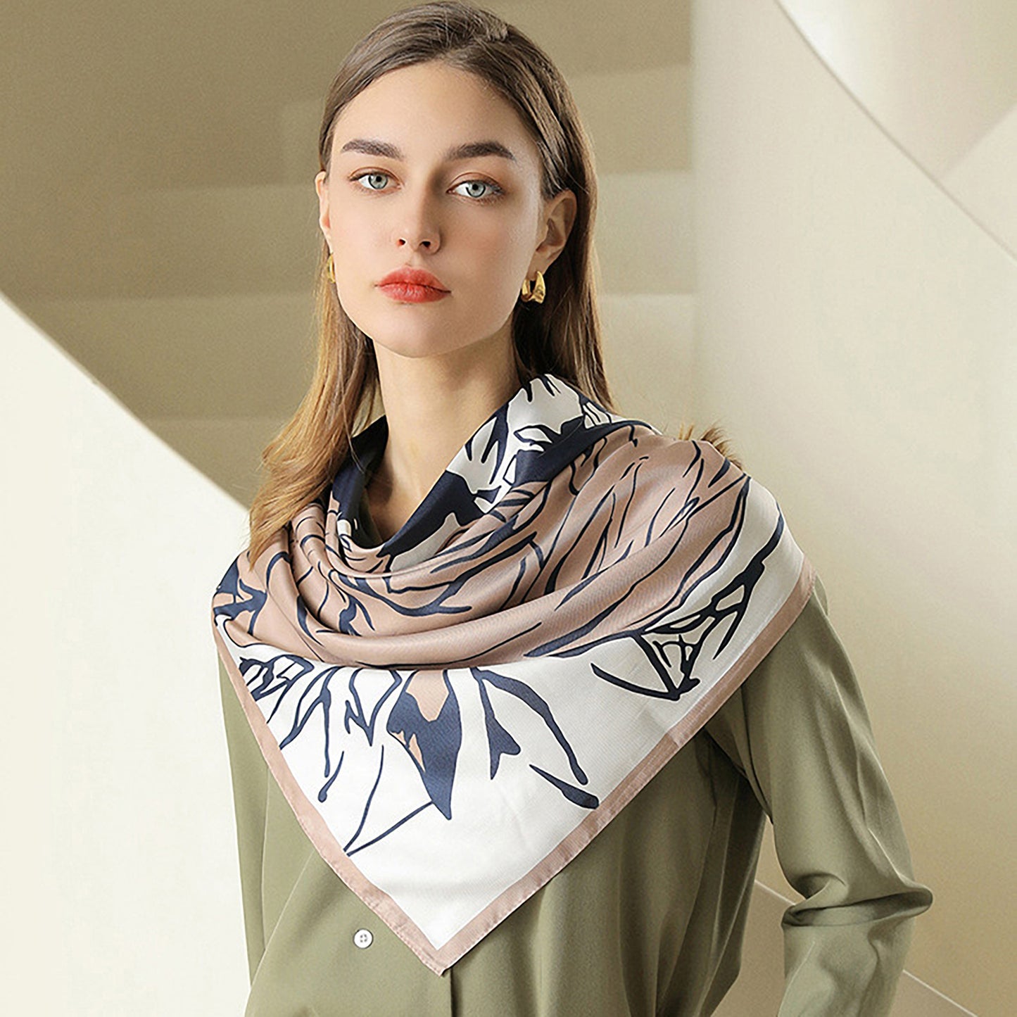 Floral Print Square Scarf with Soft Silky Fabric Lightweight Accessory for Layering and Styling