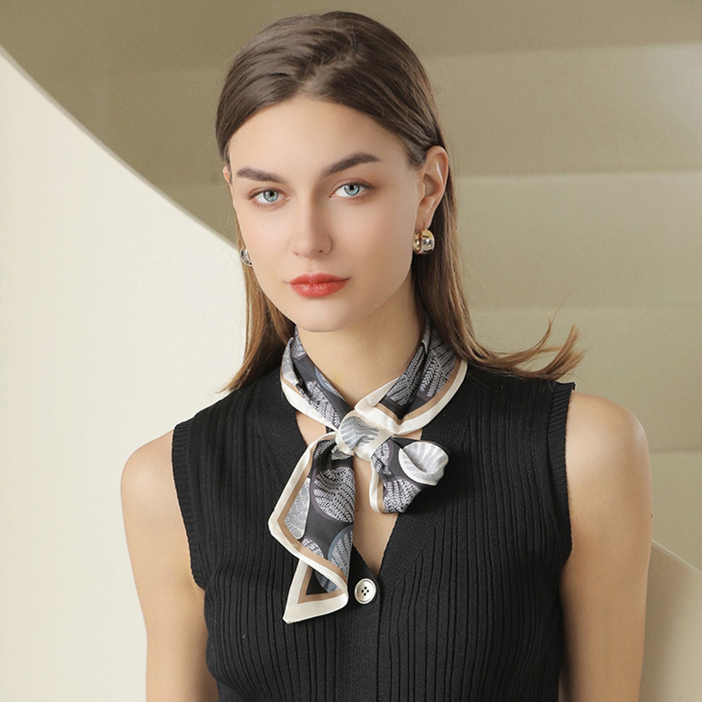 Leaf Print Silky Scarf with Lightweight Fabric Modern Square Design and Smooth Finish