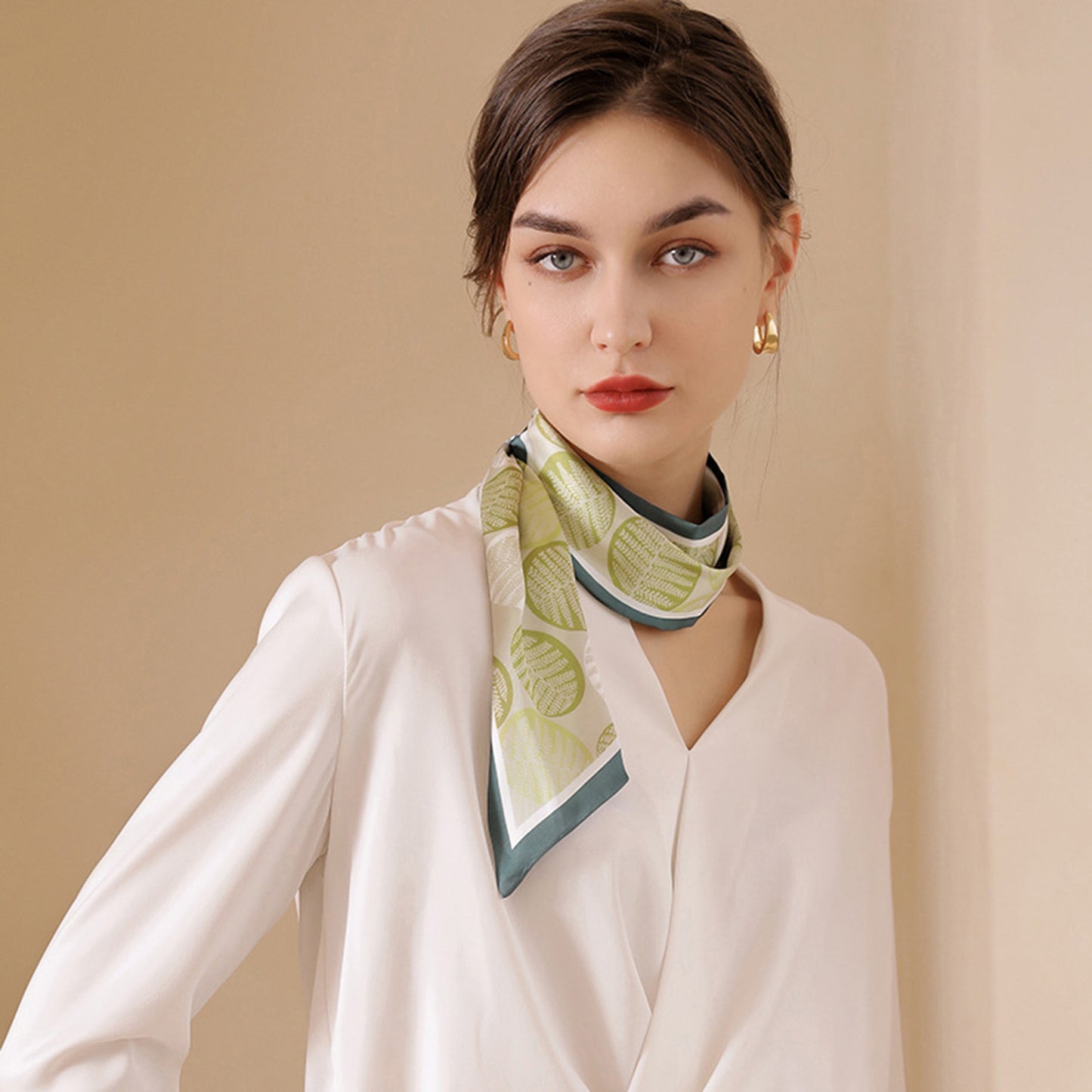 Leaf Print Silky Scarf with Lightweight Fabric Modern Square Design and Smooth Finish