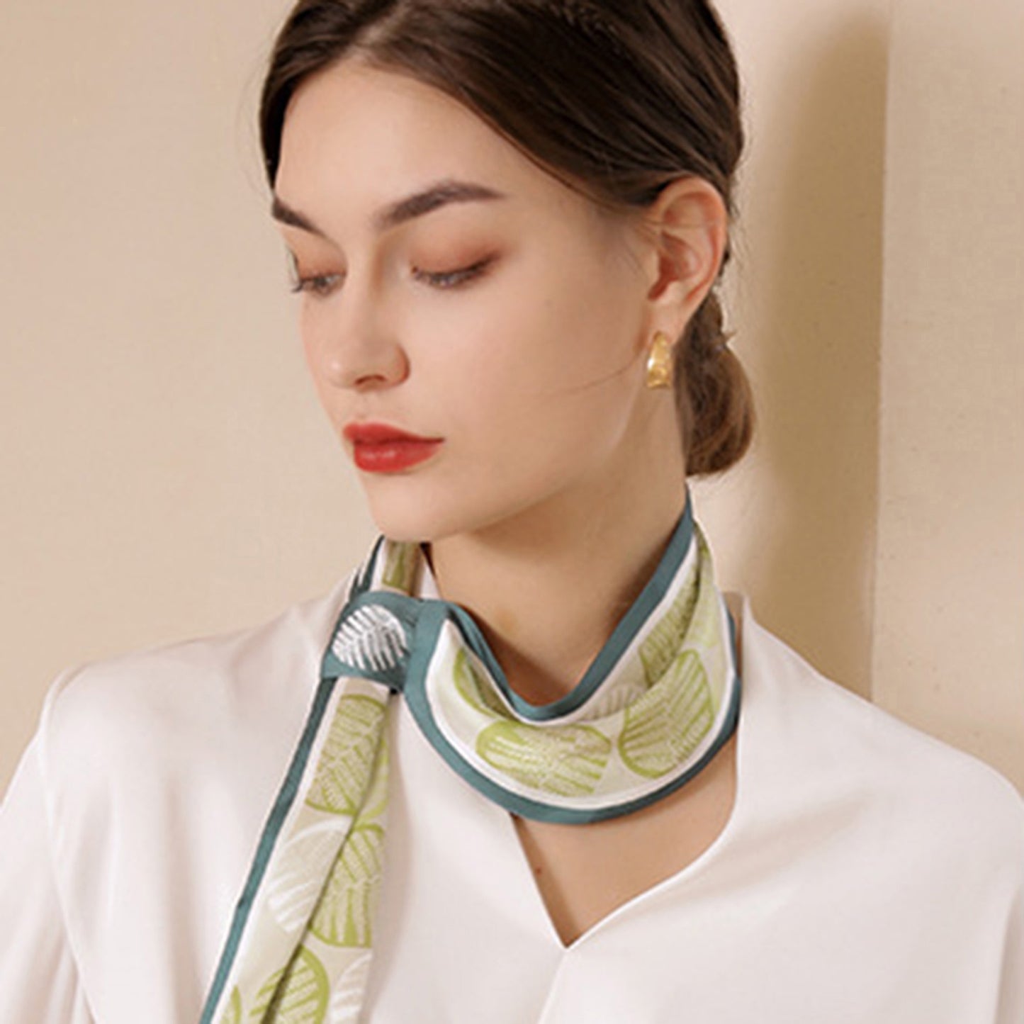 Leaf Print Silky Scarf with Lightweight Fabric Modern Square Design and Smooth Finish