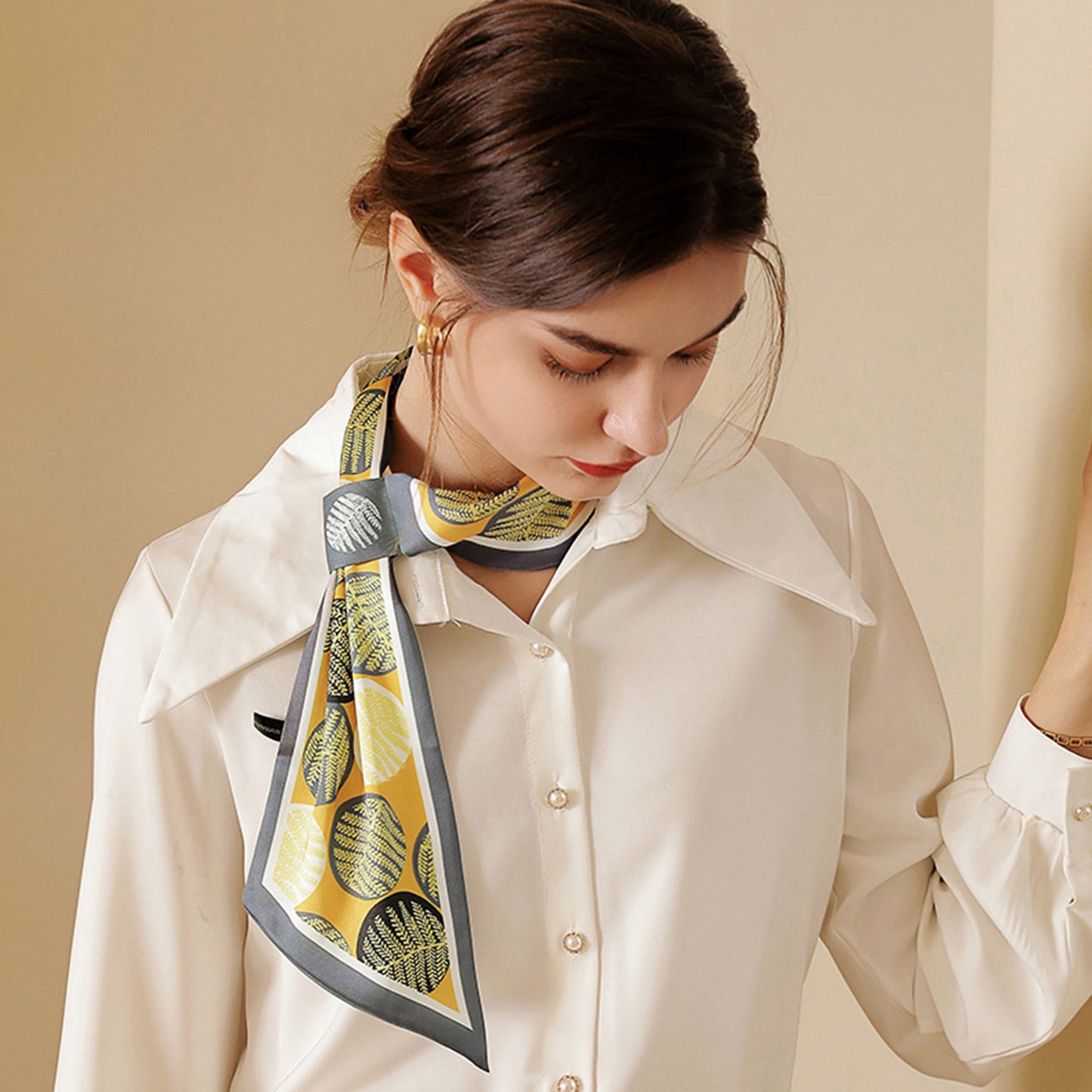 Leaf Print Silky Scarf with Lightweight Fabric Modern Square Design and Smooth Finish