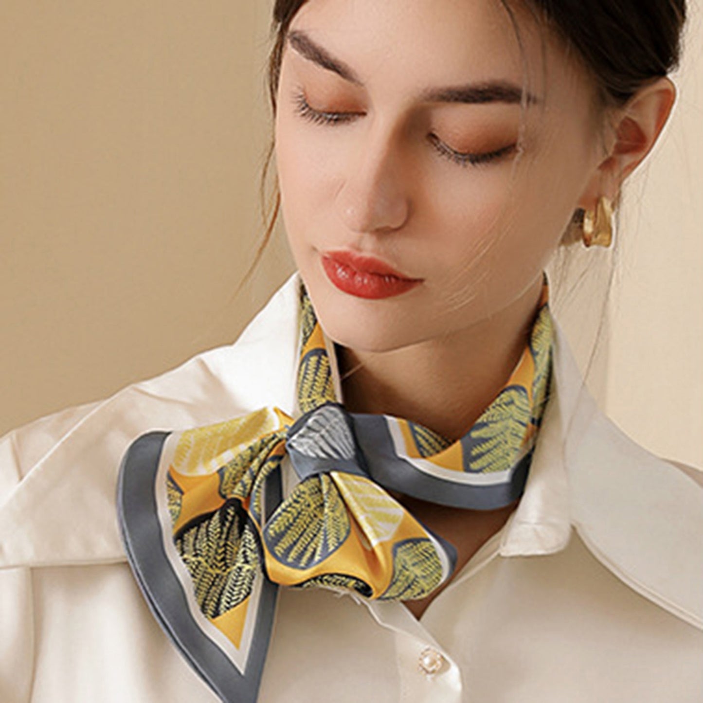 Leaf Print Silky Scarf with Lightweight Fabric Modern Square Design and Smooth Finish