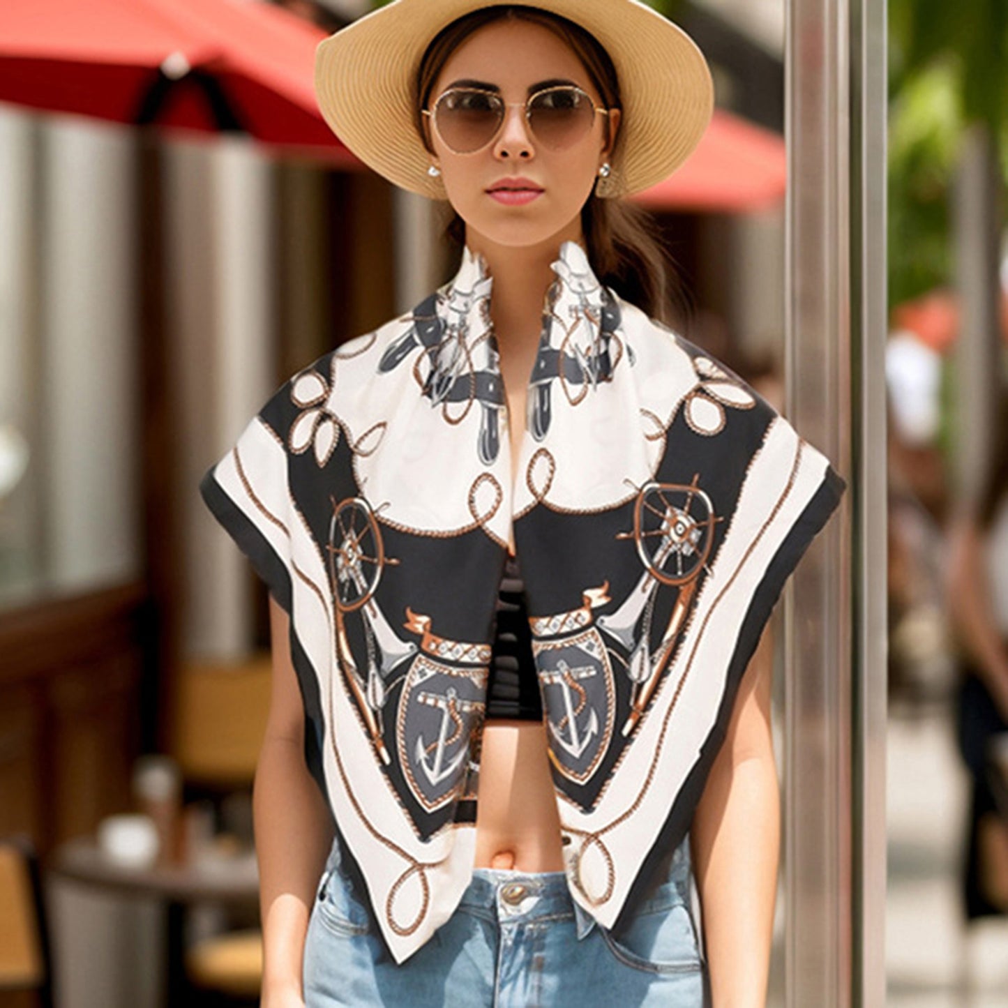 Nautical Print Square Scarf with Soft Silky Fabric Lightweight Accessory for Neck Hair and Bag Styling