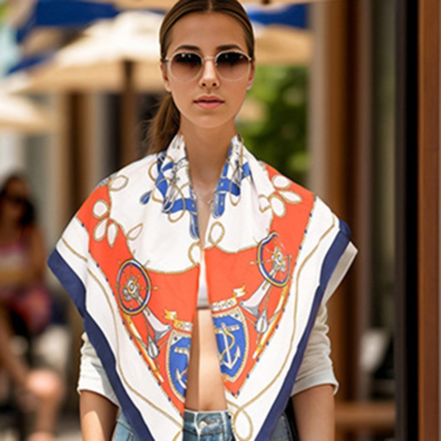 Nautical Print Square Scarf with Soft Silky Fabric Lightweight Accessory for Neck Hair and Bag Styling