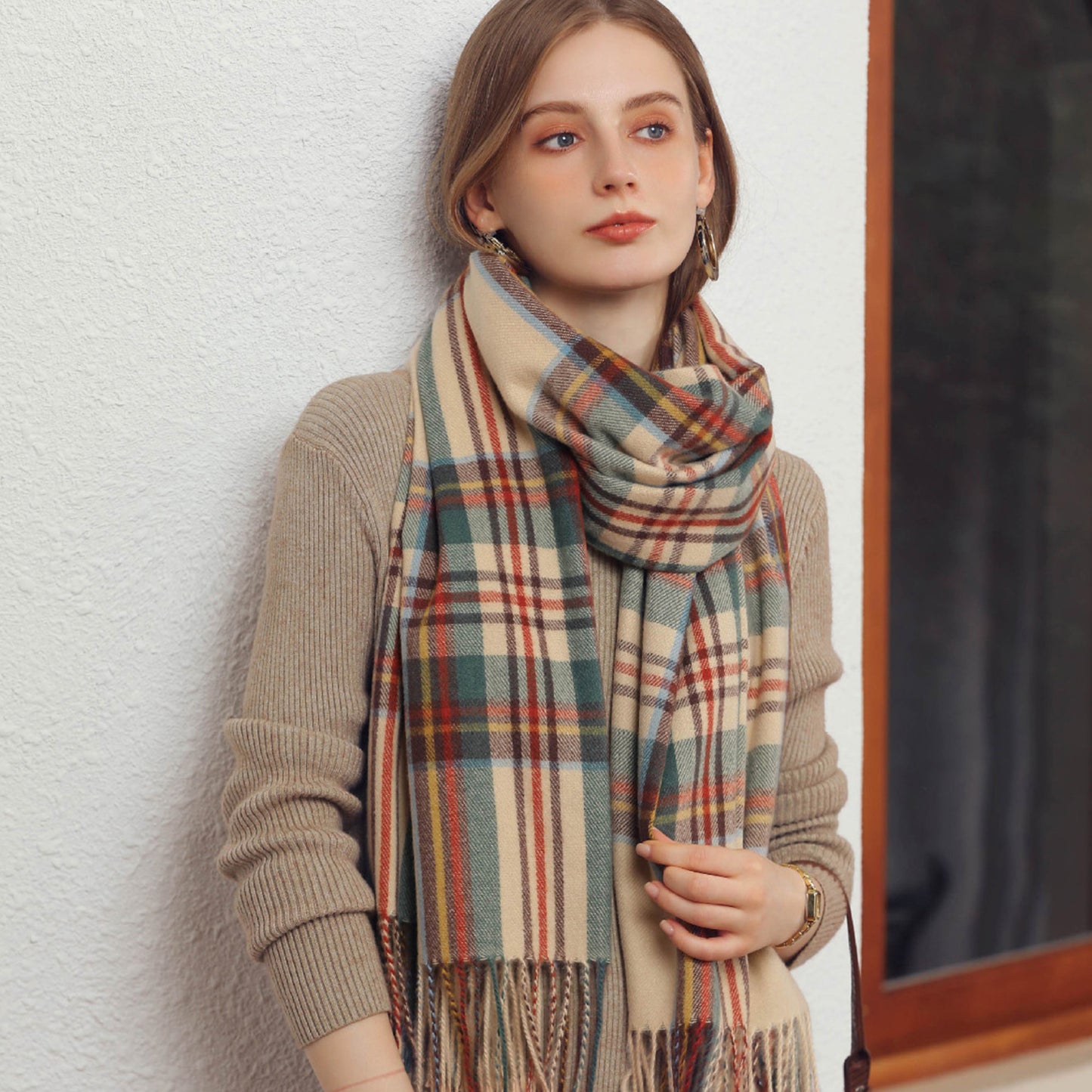 Plaid Fringe Scarf with Soft Woven Fabric Classic Check Pattern and Cozy Wrap Design