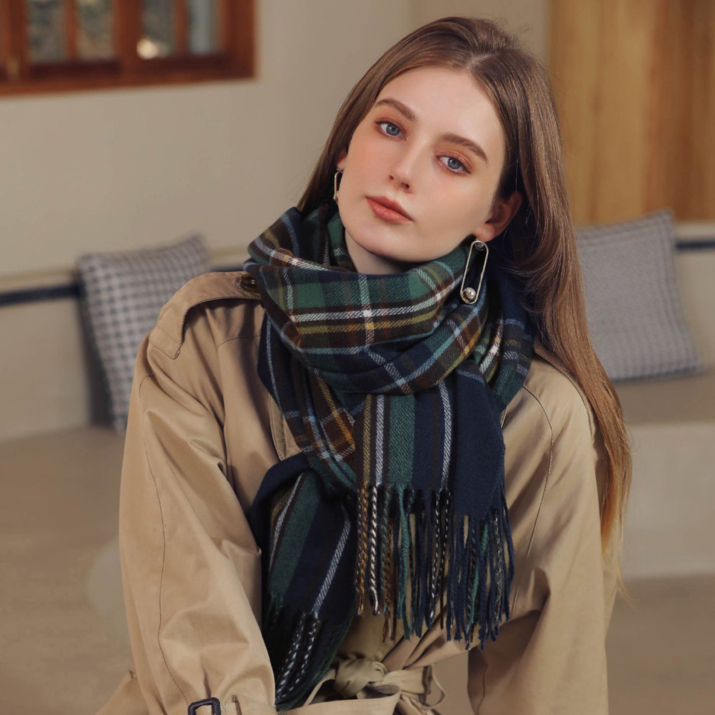 Plaid Fringe Scarf with Soft Woven Fabric Classic Check Pattern and Cozy Wrap Design