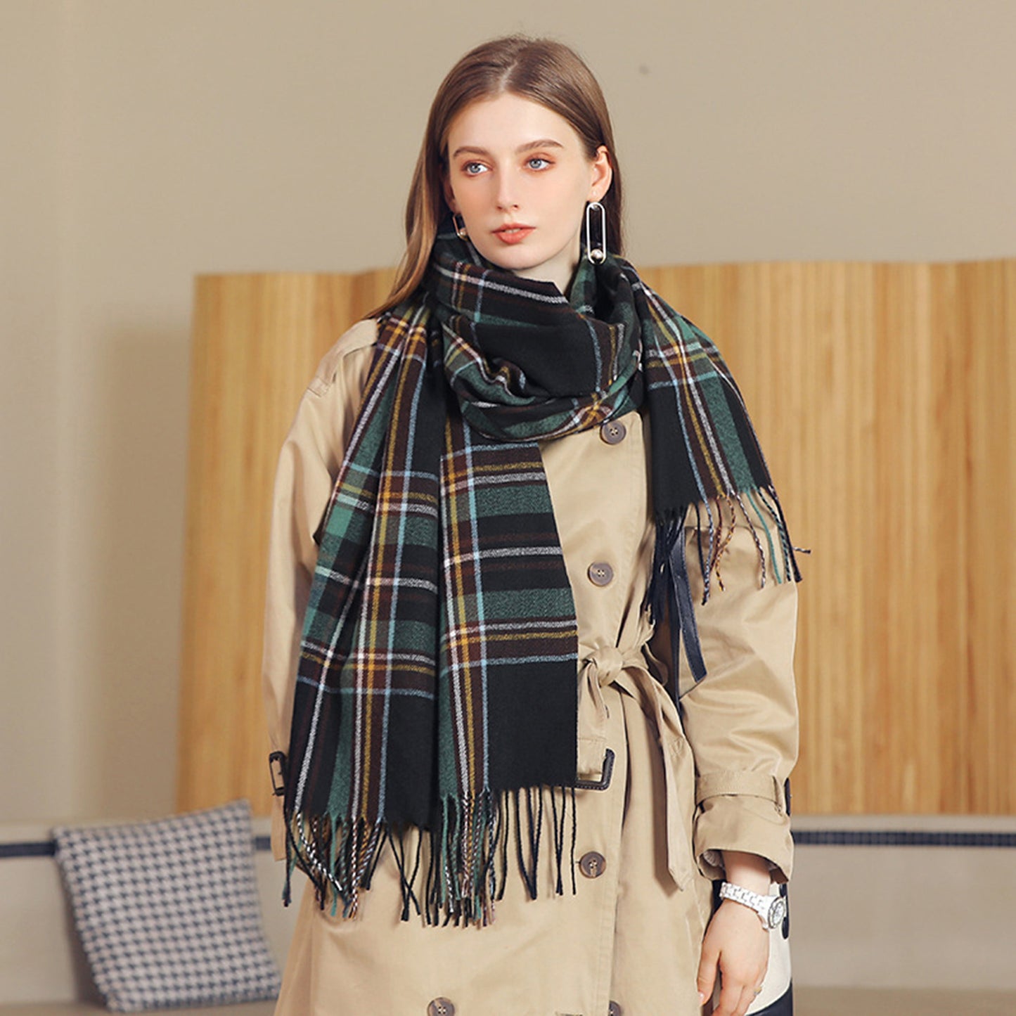 Plaid Fringe Scarf with Soft Woven Fabric Classic Check Pattern and Cozy Wrap Design