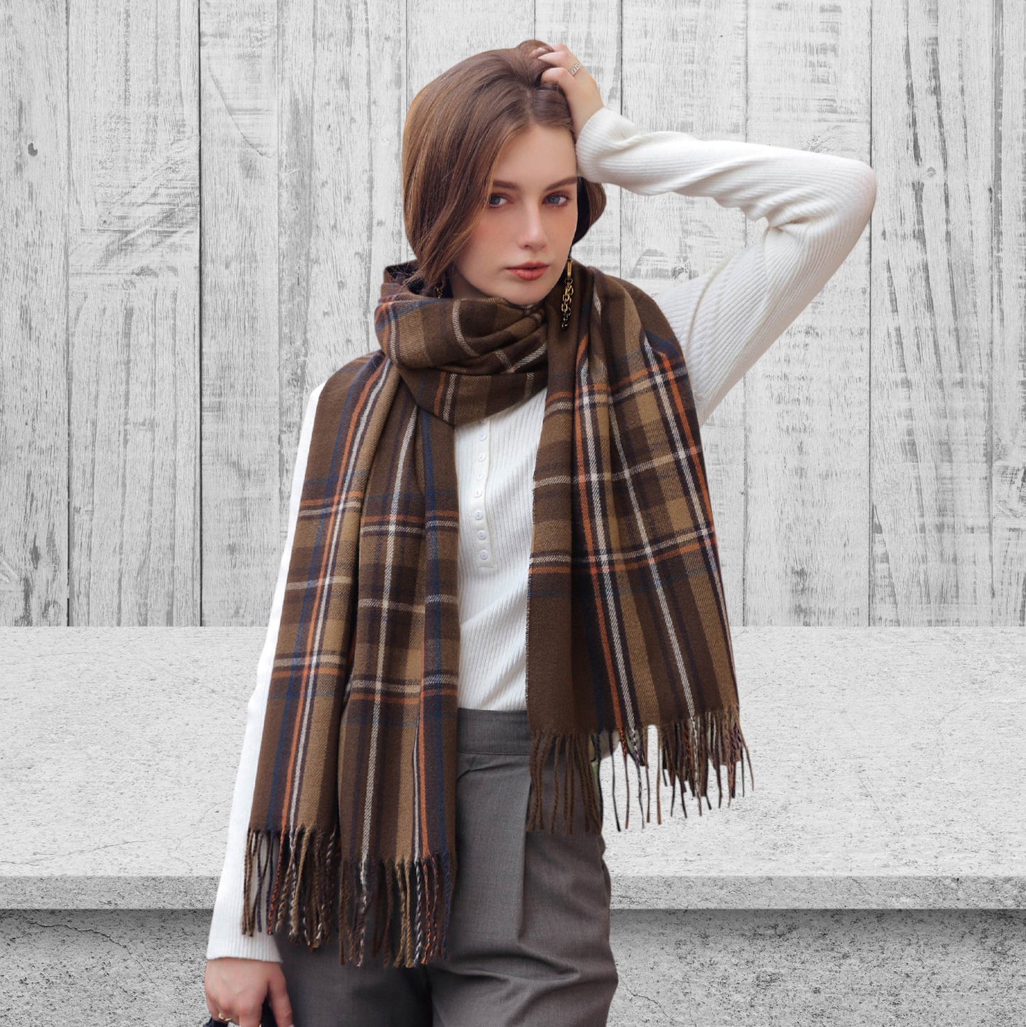 Plaid Fringe Scarf with Soft Woven Fabric Classic Check Pattern and Cozy Wrap Design